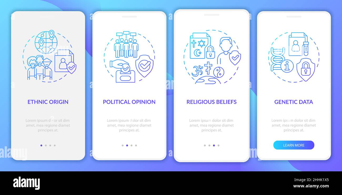 Types of personal information blue gradient onboarding mobile app screen Stock Vector