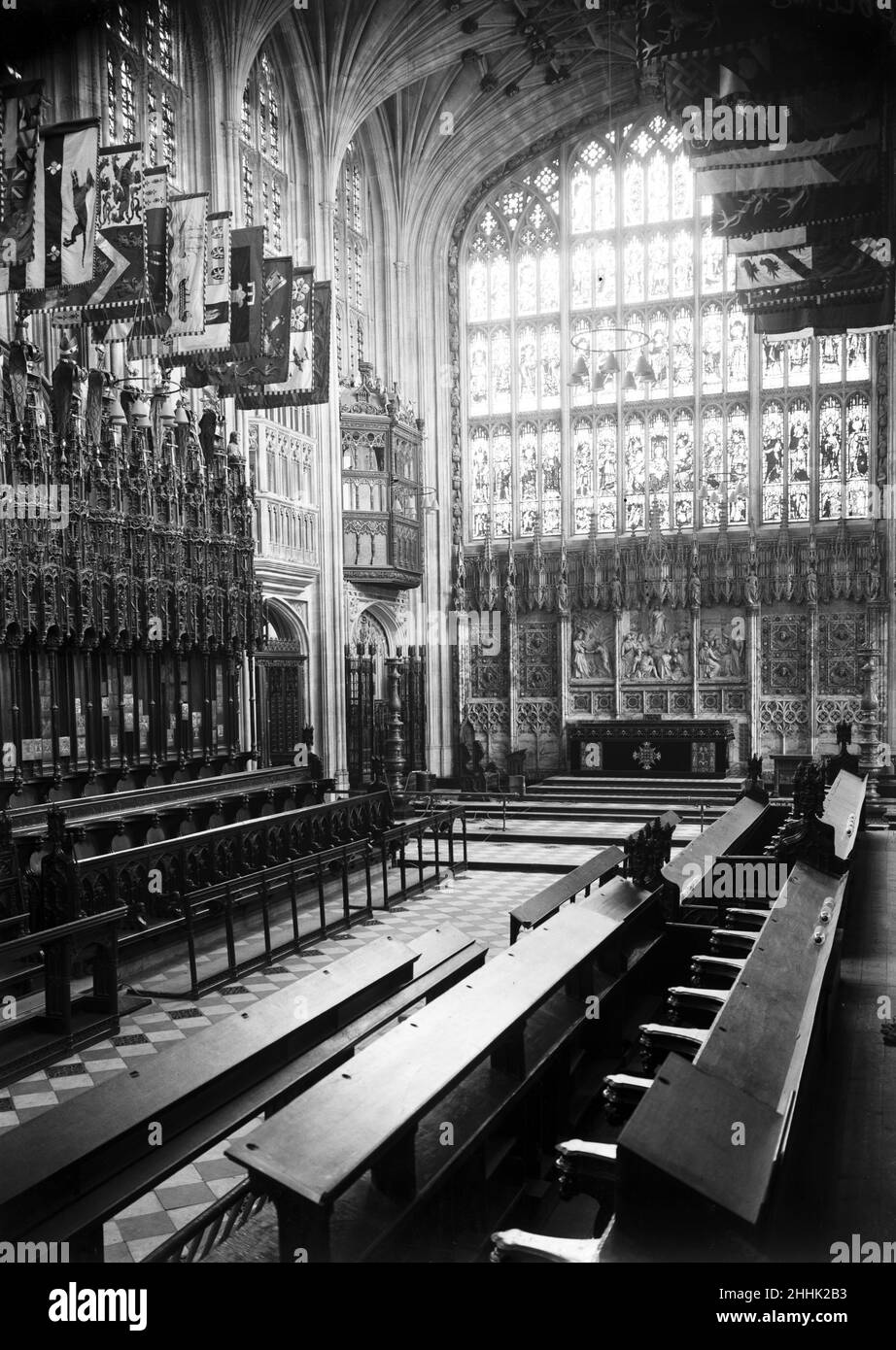 The restoration of St George's Chapel, Windsor Castle. St George's Chapel, the roof of which has been restored from a serious condition. Restoration work at the chapel has taken ten years. Picture published in the Daily Mirror on the 3rd November 1930. Stock Photo