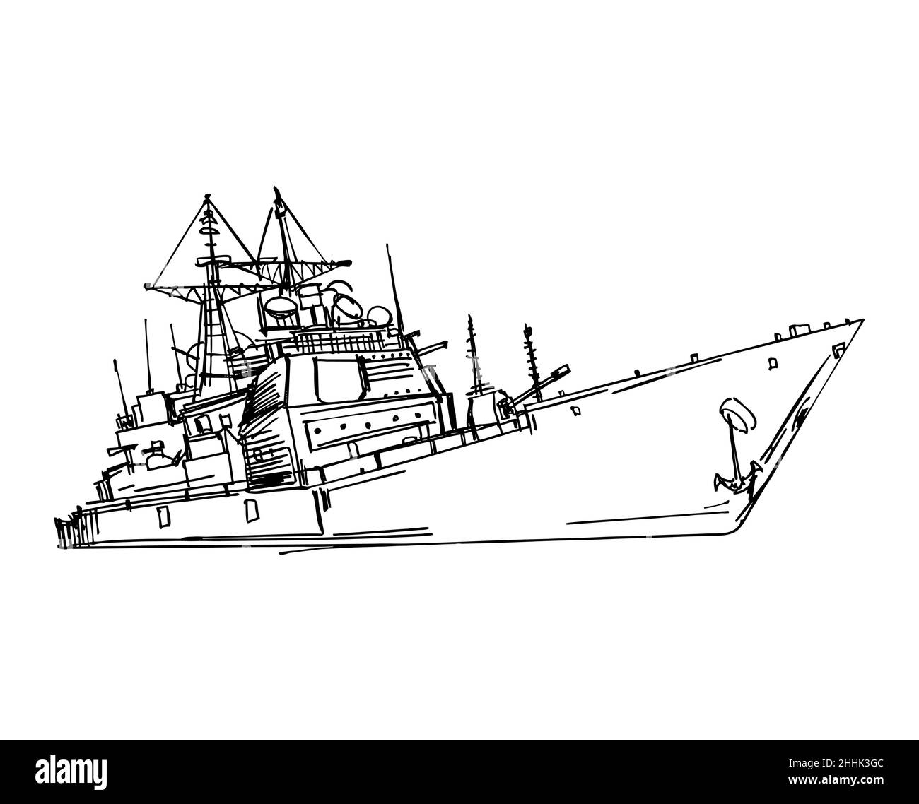 Military ship hand drawing. Aircraft carrier sketch. Vector illustration Stock Vector