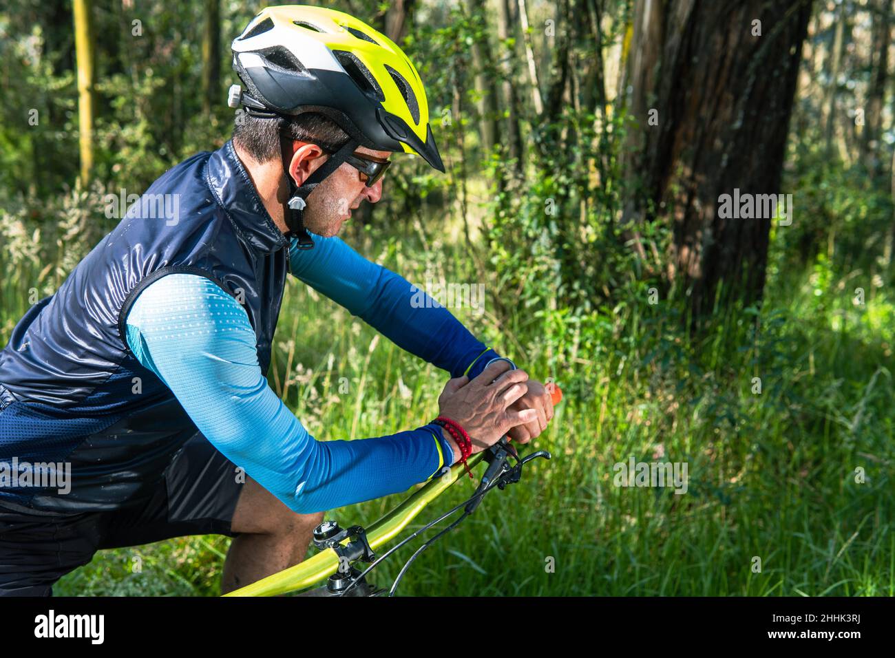 mountain biker checking an app on his smartwatch in a forest Stock ...