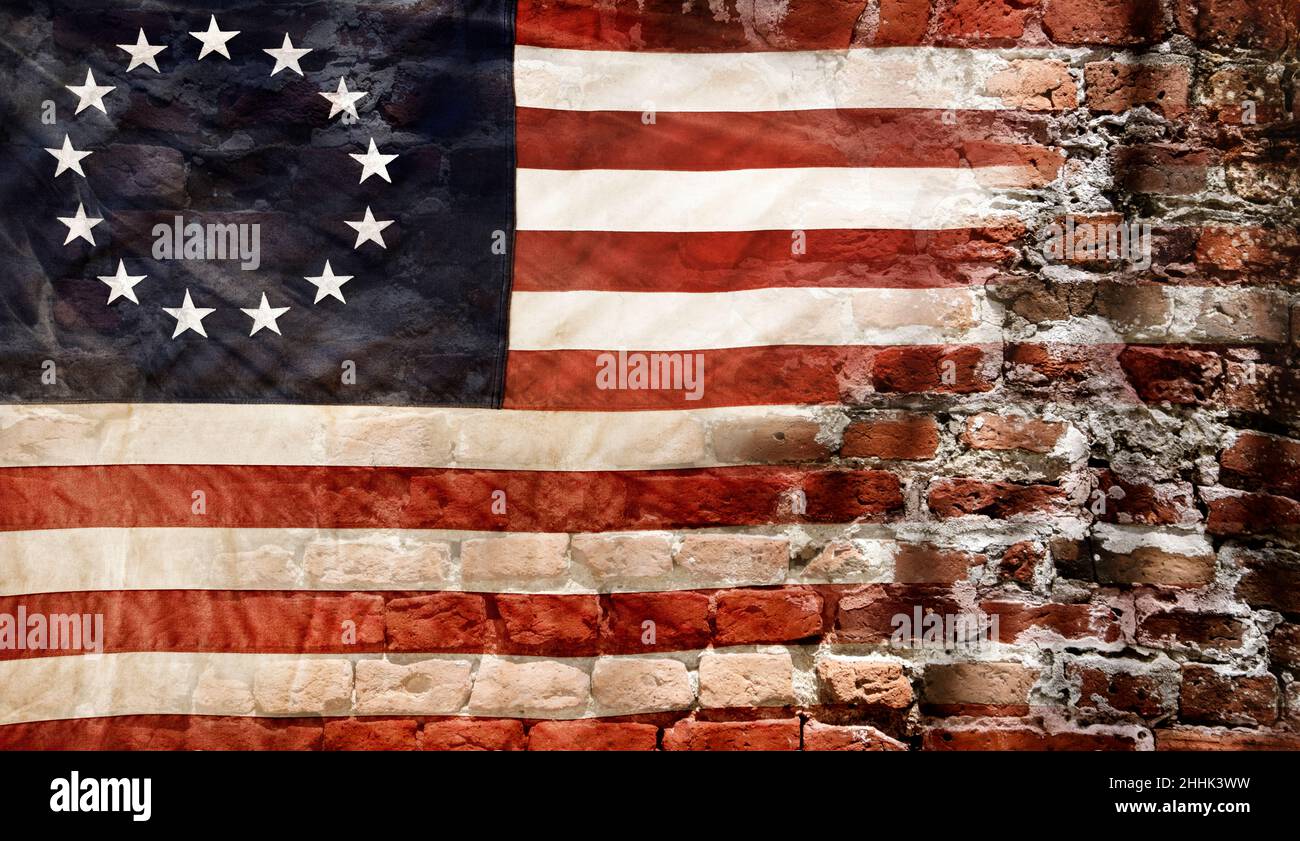 Betsy Ross flag with 13 stars on brick wall Stock Photo - Alamy, image size:1300x841