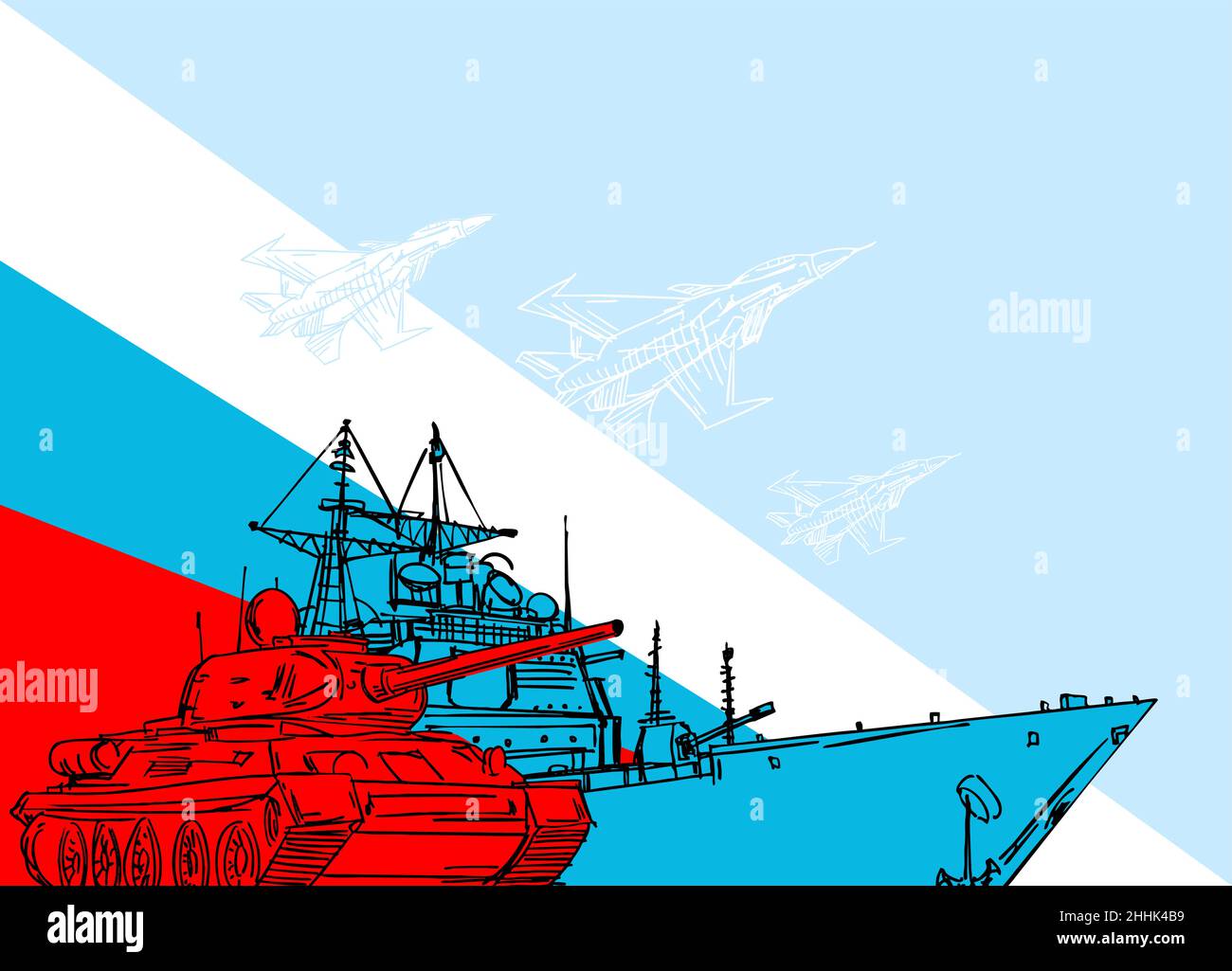 23 February. Military equipment tank and plane fighter and aircraft carrier. Russian text: Congratulations. Defenders of the Fatherland Day. Postcard Stock Vector