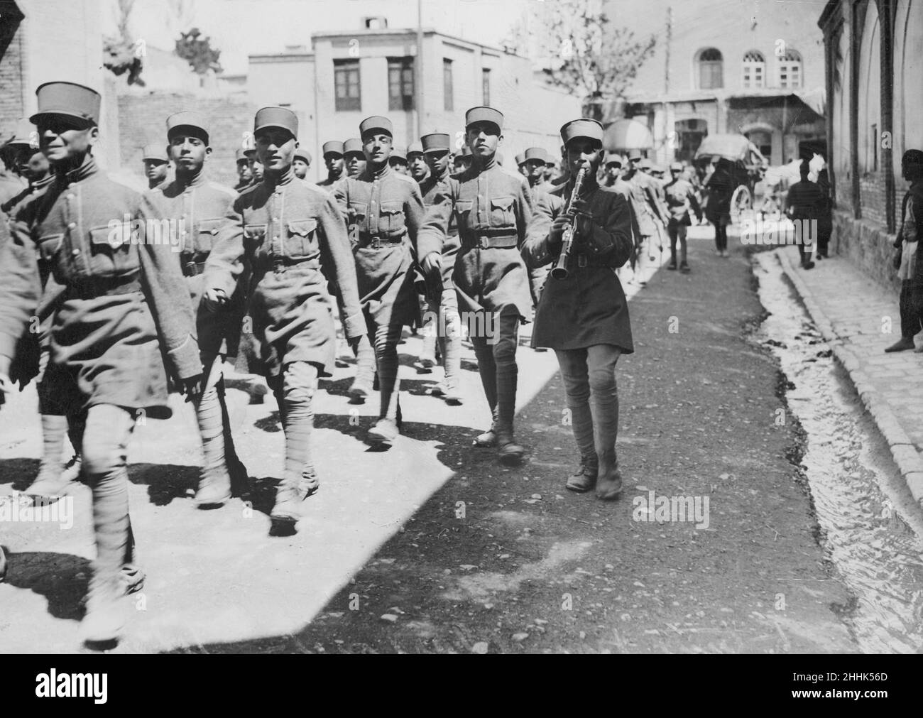 Soldiers of the Iranian infantry seen here parading through Teheran shortly after the coronation of Reza Pavlevi as Shan April 1926 Stock Photo