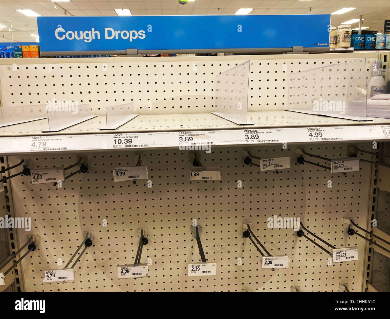 The empty shelves of cough drops in supermarket during the COVID19
