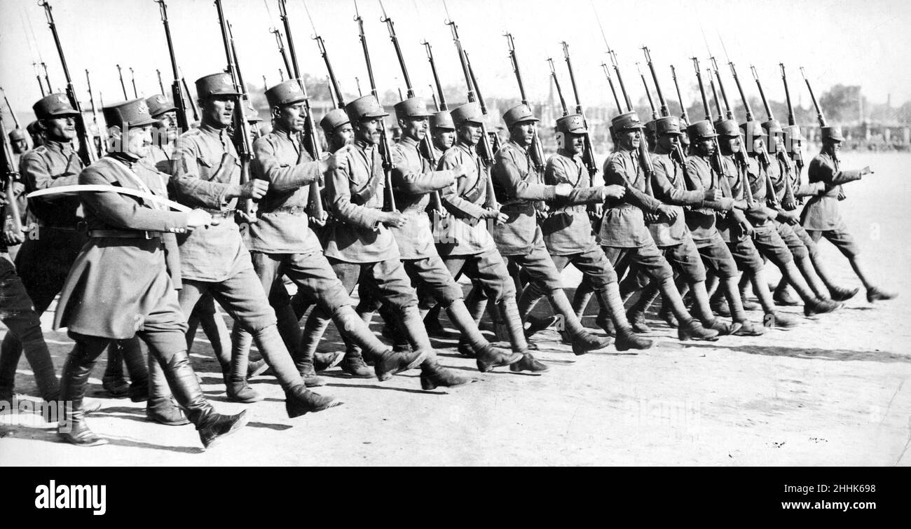 Soldiers of the Iranian infantry seen here parading in Teheran shortly after the coronation of Reza Pavlevi as Shan April 1926 Stock Photo