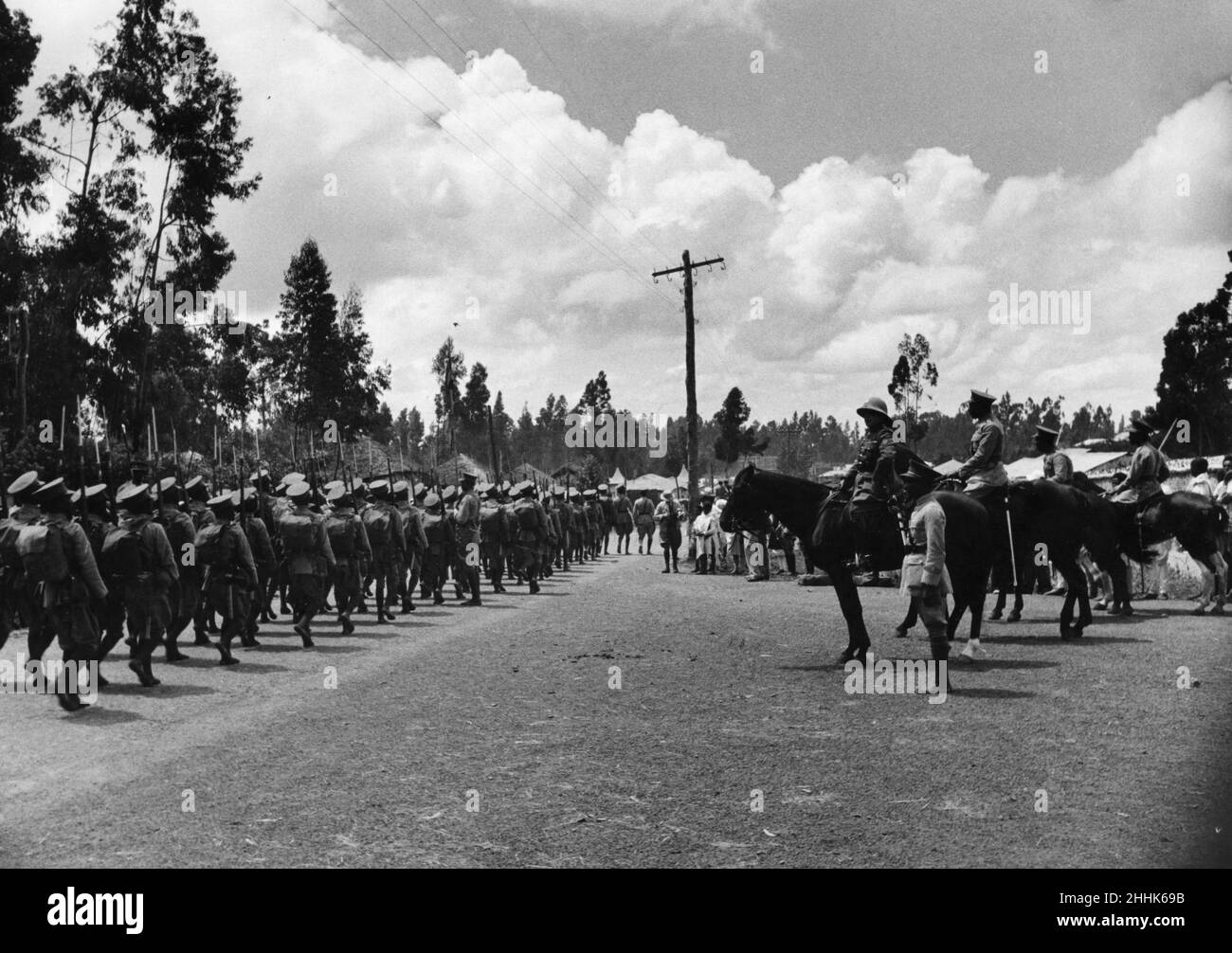Abyssinian War September 1935A mounted officer taking the salute as the Abyssinian army march through the streets of Addis Ababa during the Meskel Feast. Following the parade the army marched to the north of the country to confront the threat of Italian invasion. Stock Photo