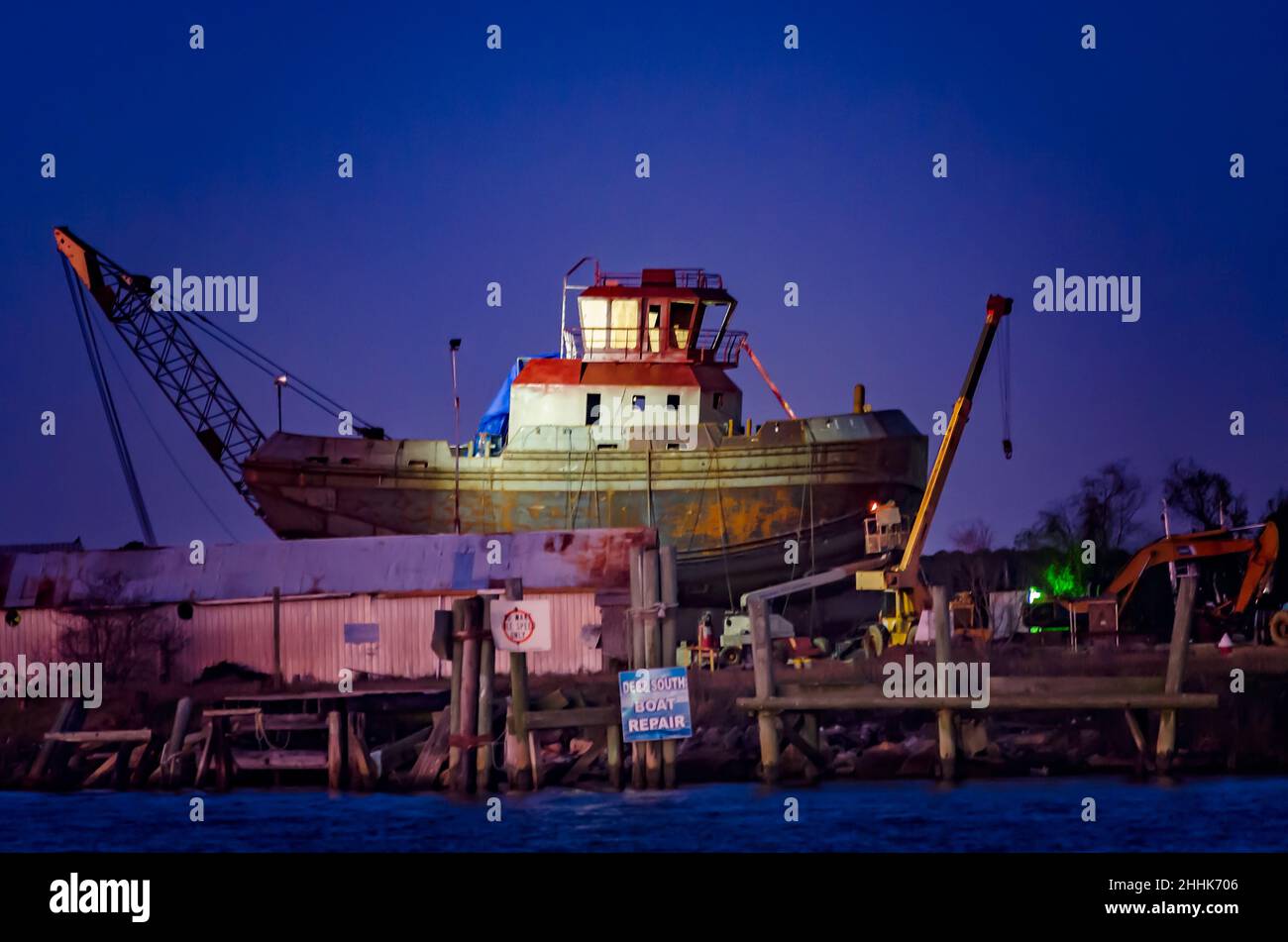A boat is built at a local shipyard, Jan. 4, 2017, in Bayou La Batre, Alabama. The community’s main industries are shipbuilding and commercial seafood. Stock Photo