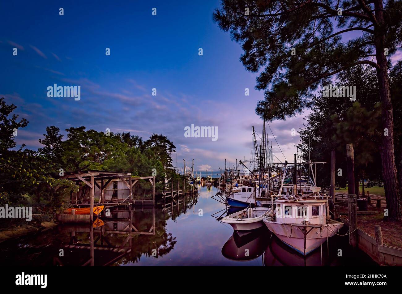 Shrimp boats are pictured at dusk, Aug. 15, 2015, in Bayou La Batre