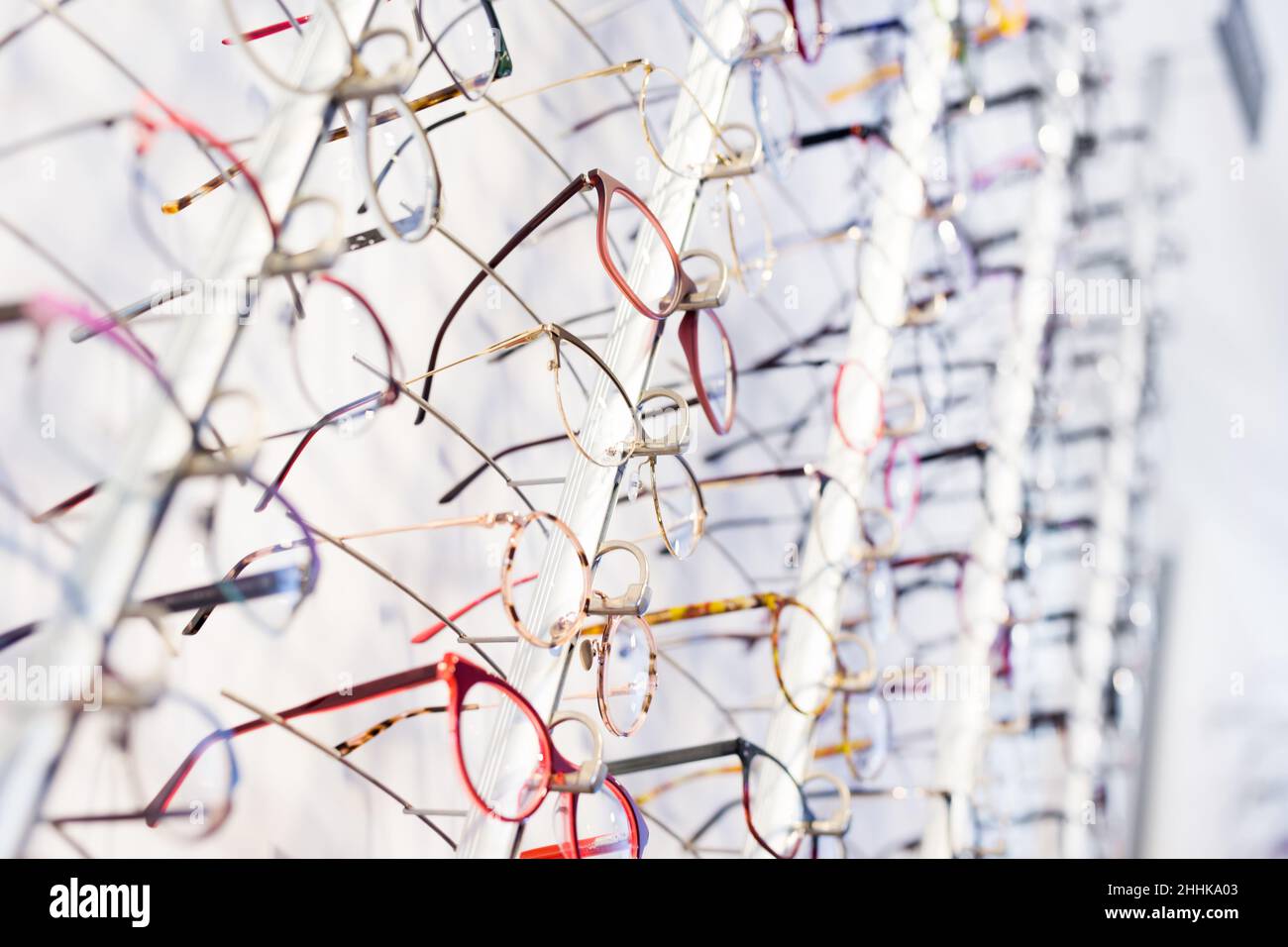 Glasses showcase in modern optic shop Stock Photo