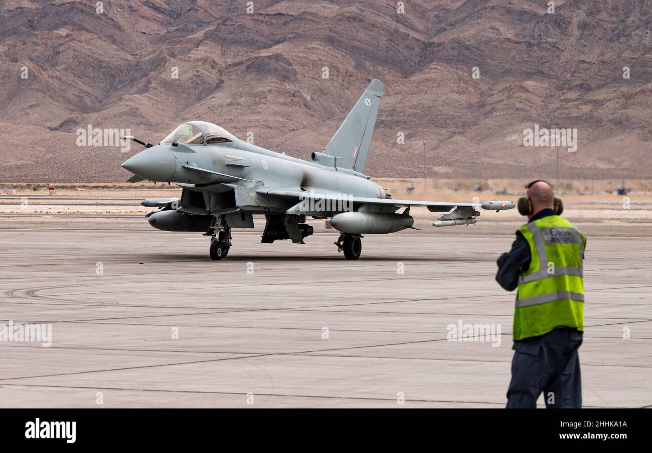 A Typhoon FGR4 assigned to 1 (Fighter) Squadron, RAF Lossiemouth, United Kingdom, arrives at Nellis Air Force Base, Nevada, Jan. 13, 2021. The 1 (Fighter) Squadron is participating in Red Flag 22-1. (U.S. Air Force photo by William R. Lewis) Stock Photo