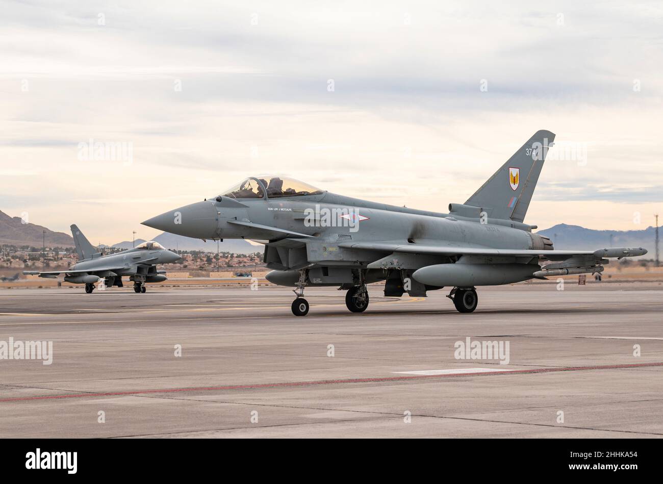 A Typhoon FGR4 assigned to 1 (Fighter) Squadron, RAF Lossiemouth, United Kingdom, arrives at Nellis Air Force Base, Nevada, Jan. 13, 2021.  1 (Fighter) Squadron is participating in Red Flag 22-1. (U.S. Air Force photo by William R. Lewis) Stock Photo