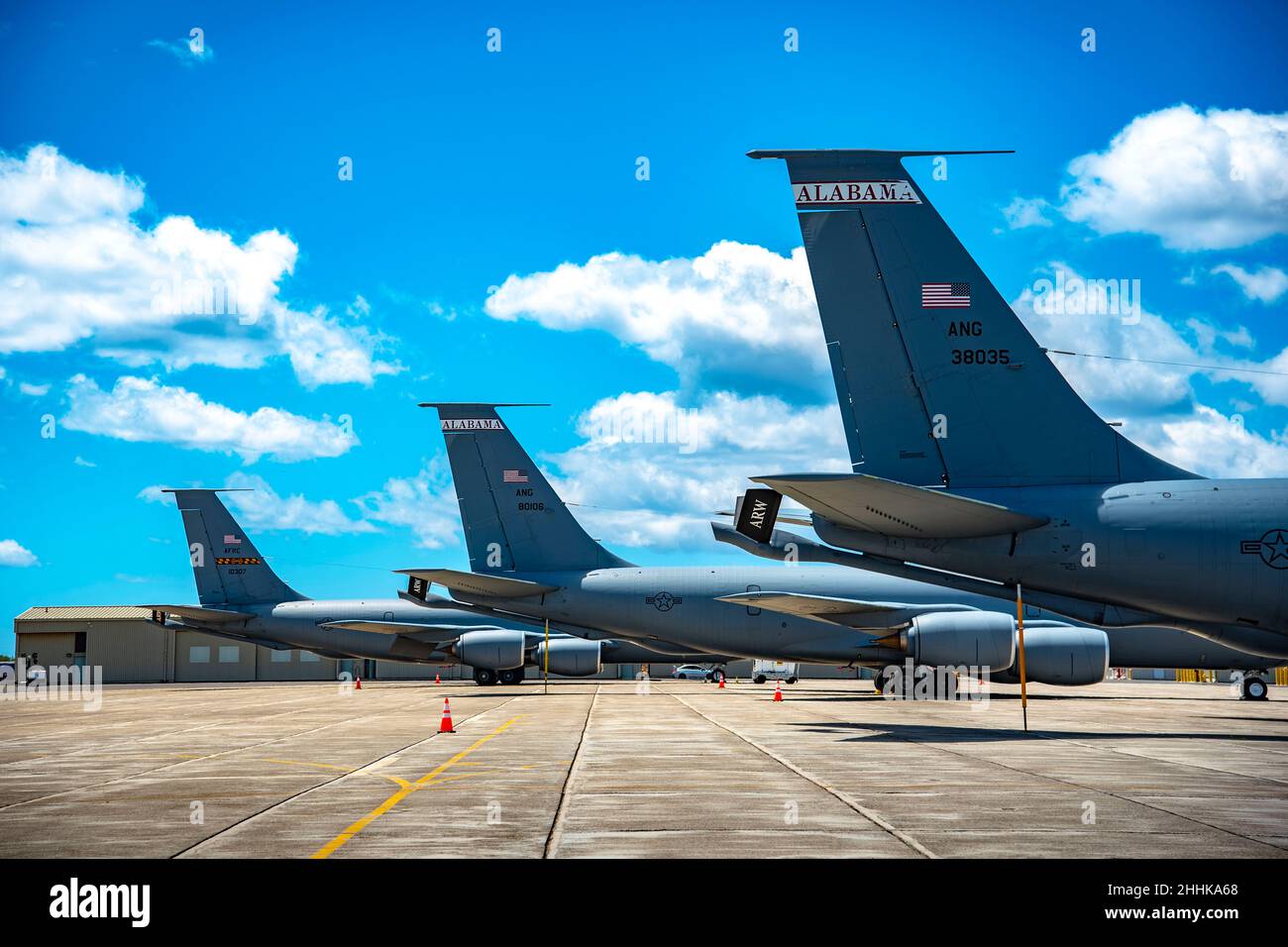 Three KC-135R Stratotankers sit at Barber’s Point Aviation airfield, Aug. 14, 2021, at Kapolei, Hawaii. The planes were used in a three-week exercise, known as Sentry Aloha, which provides active, reserve, and guard pilots, aircrew, and maintainers with realistic combat training through a series of flight missions. (U.S. Air National Guard photo by Senior Airman Andrea A. S. Williamson) Stock Photo