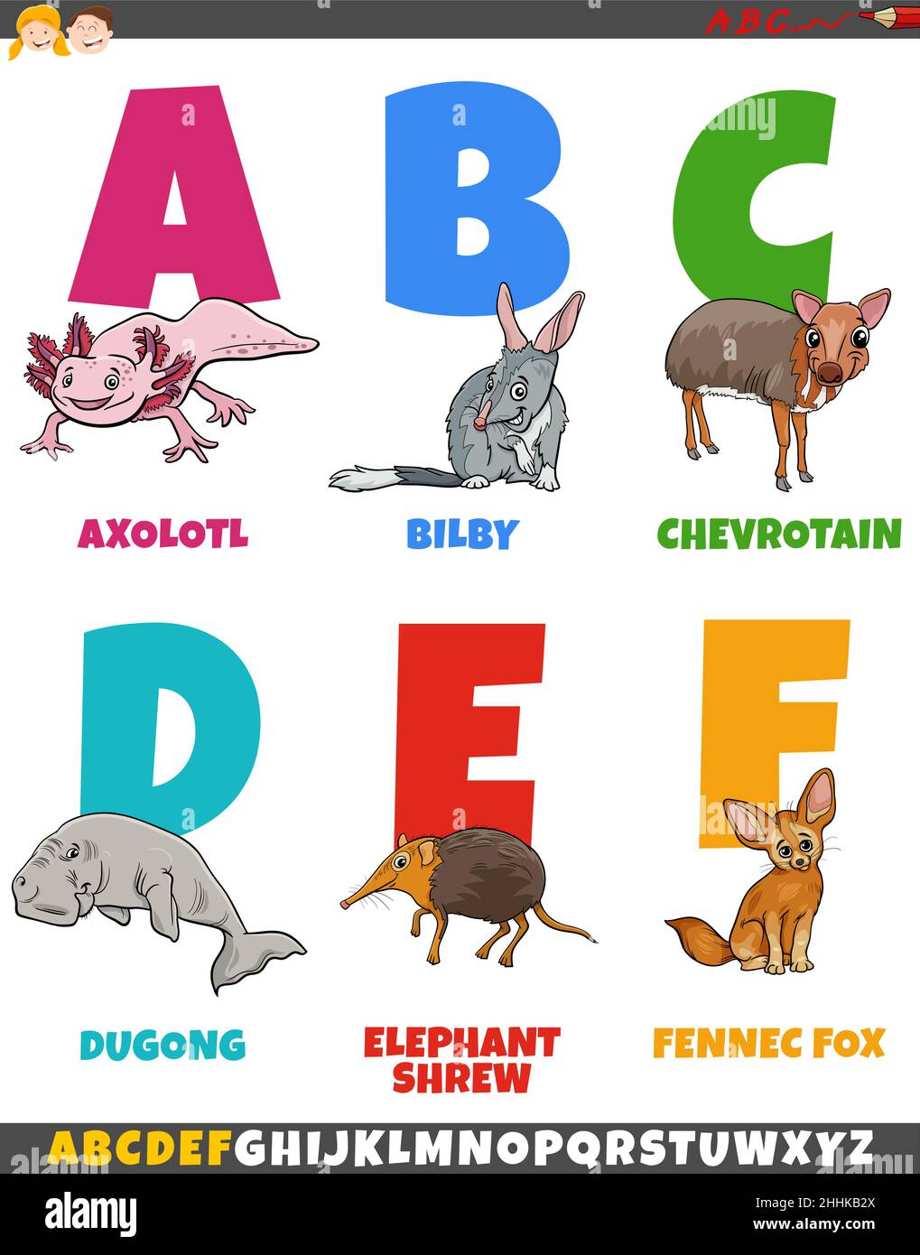 Cartoon illustration of educational colorful alphabet set from letter A to F with funny animal characters Stock Vector