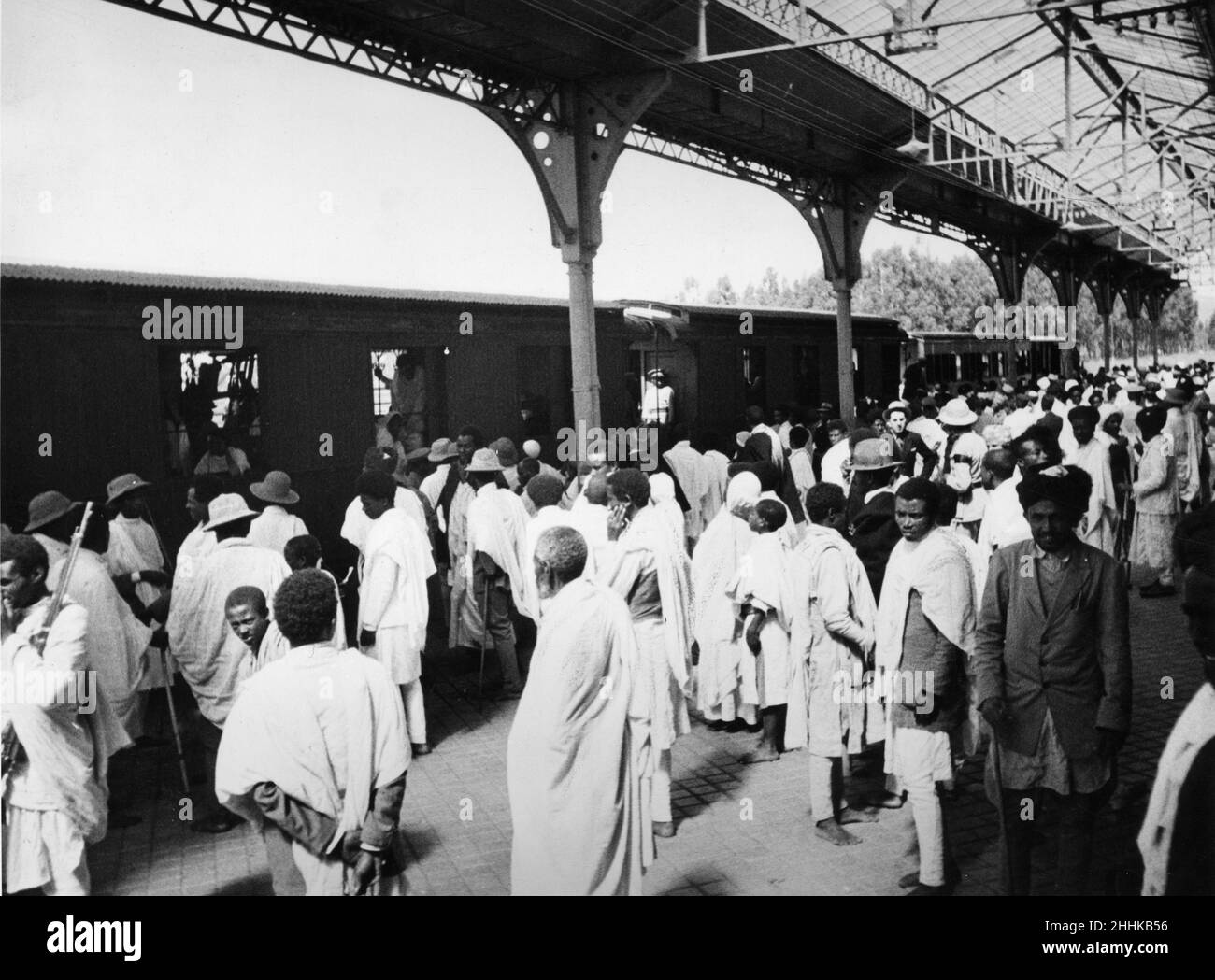 Second Abyssinian War September 1935A busy railway station as chieftains and tribesmen flood into Addis Ababa for the Meskal festive and to volunteer for the peasant army to stop the invasion in the south by Italian forces Stock Photo