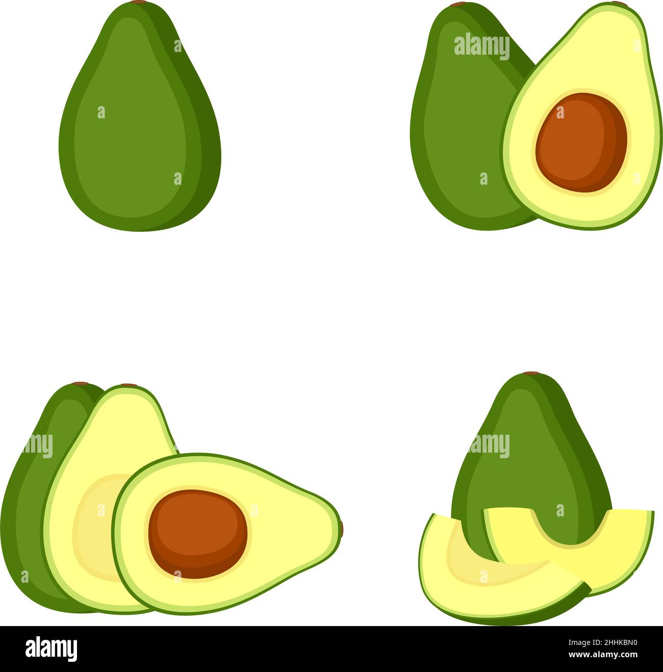 Avocado, whole fruit, slice, vector illustration Stock Vector
