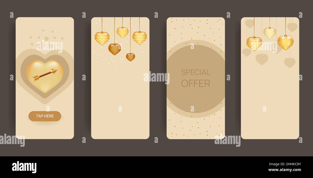 Vertical valentines day banners with golden hearts and arrow inside ...
