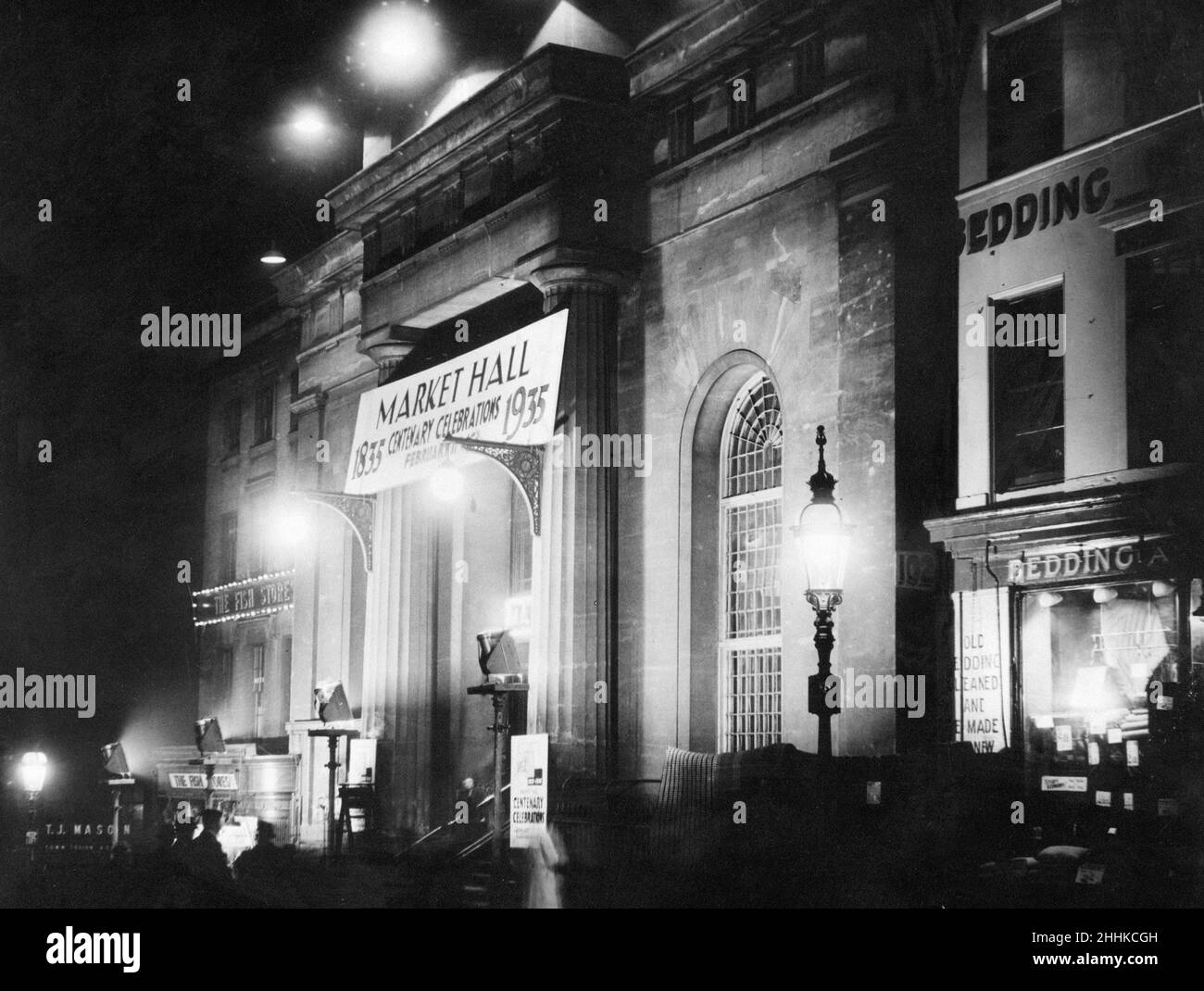 A view of Market Hall Bull Ring, Birmingham, during a rehearsal of the floodlighting ahead of the forthcoming centenary celebrations to be held at the hall, Friday 8th February 1935. Stock Photo