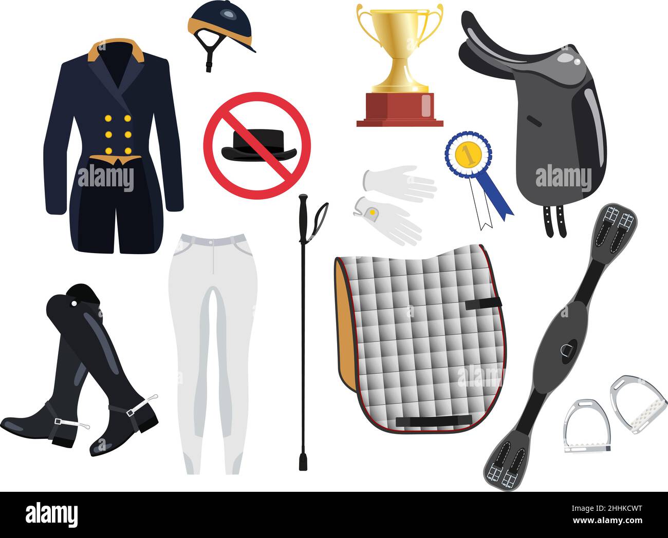 Collection of various horse dressage tools and riding wear vector illustration Stock Vector