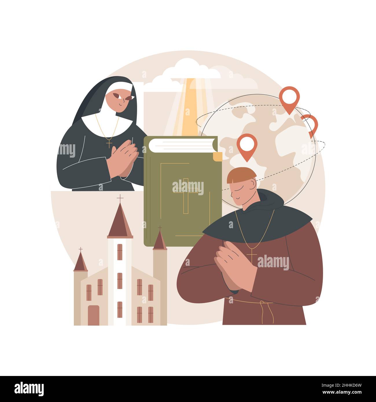 Christian pilgrimages abstract concept vector illustration. Go on pilgrimage, visit saint places, seeking god, christian nuns, monks in monastery, religious procession, prayer abstract metaphor. Stock Vector