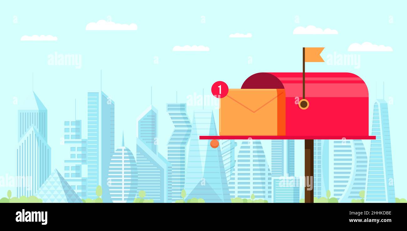 Newsletter subscription banner template. Red mailbox on modern city
