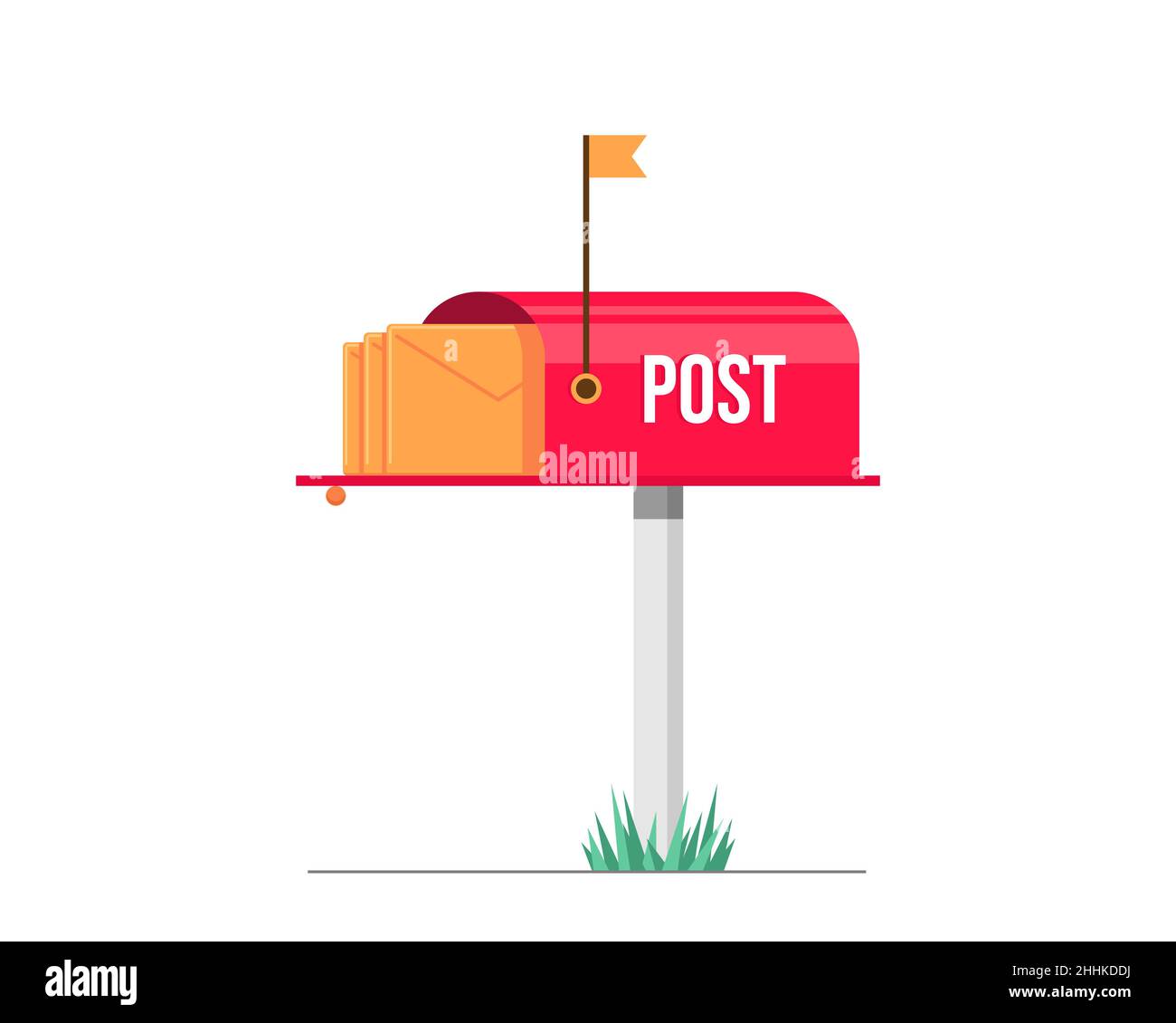 Red mailbox. Open post box with letters inside. Envelopes in postbox. Letterbox with received flag. Vector eps illustration Stock Vector