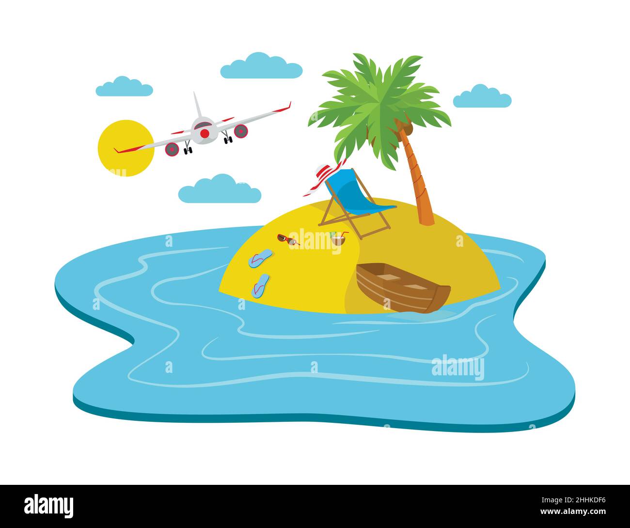 Airplane flying over the island with a beach, travelling abstract concept, 3d isometric vector illustration for web design Stock Vector