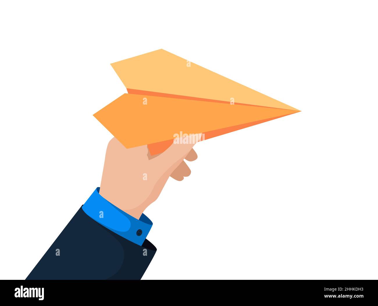 Paper plane in businessman hand in suit isolated on white background. Concept of leadership, inspiration and successful strategic planning. Business man hold handmade airplane in. Eps illustration Stock Vector