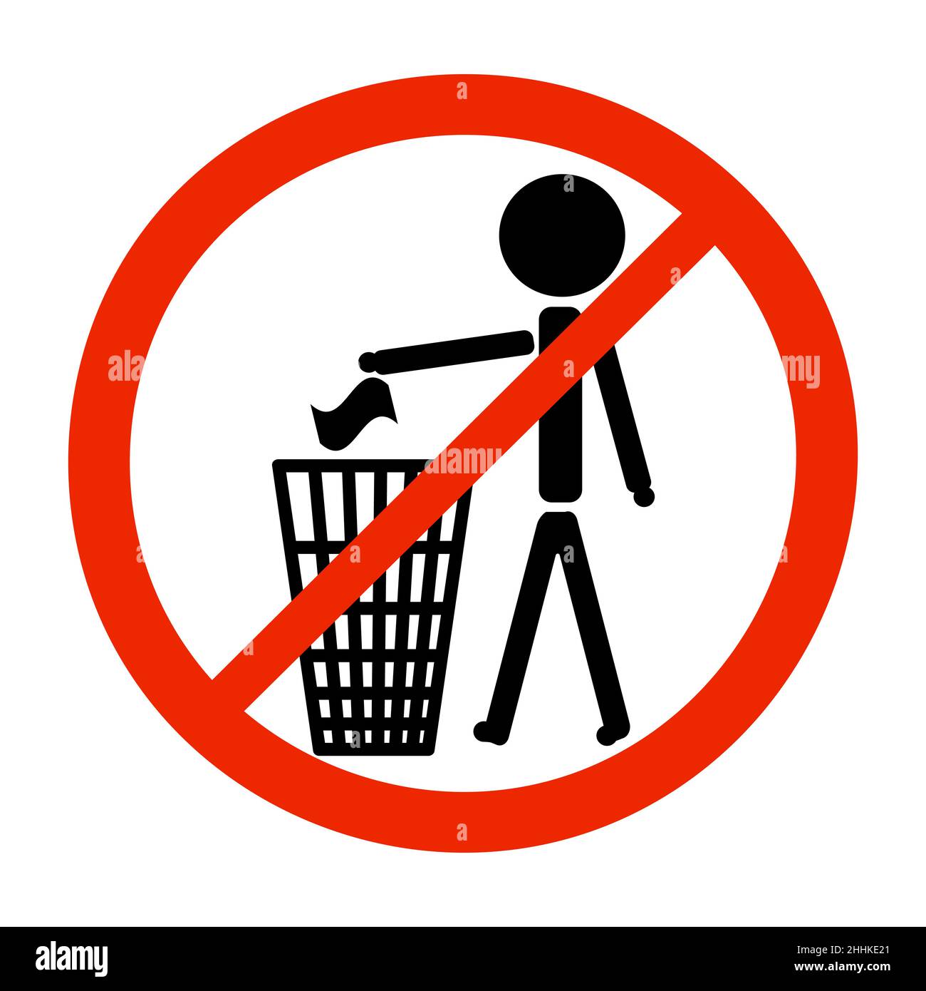 Do not litter symbol isolated on white background.Trash bin with human figure in round red ban sign.Trash icon. Sort garbage.Stock vector illustration Stock Vector