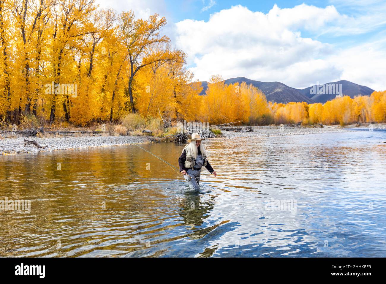 USA, Idaho, Bellevue, Senior woman fly-fishing in Big Wood River in autumn Stock Photo