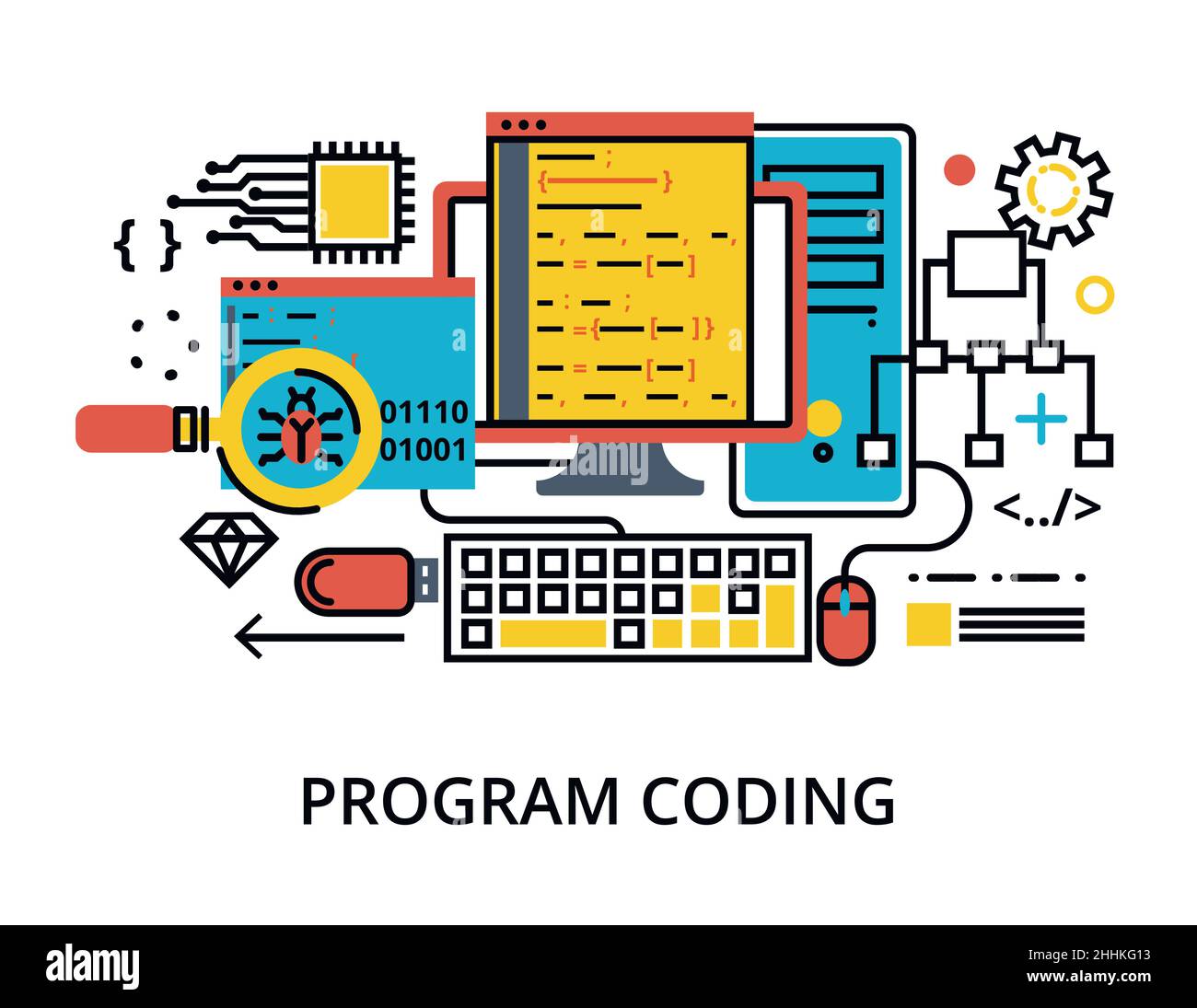 Modern flat editable line design vector illustration, concept of programming, development software and coding process, for graphic and web design Stock Vector