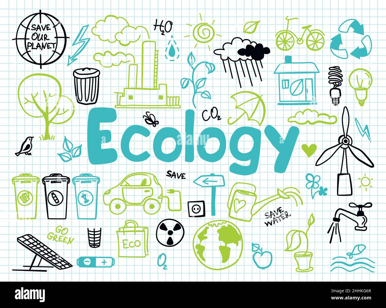 Hand drawn design vector illustration, set of ecology, ecology problem and green energy icons in doodle style, for graphic and web design Stock Vector