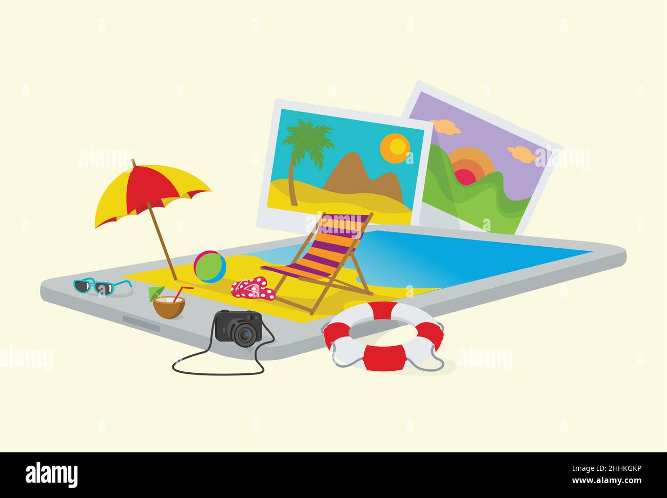 Summer beach on a tablet pc, abstract concept, 3d isometric vector illustration for web design Stock Vector