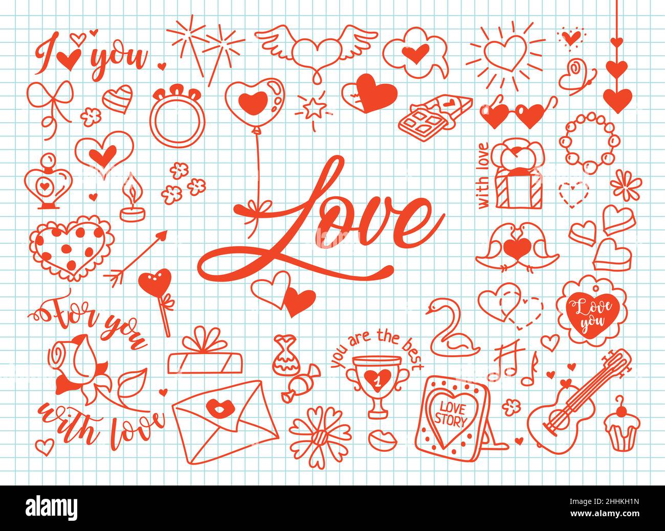 Love composition in doodle style. Vector illustration on cells background Stock Vector