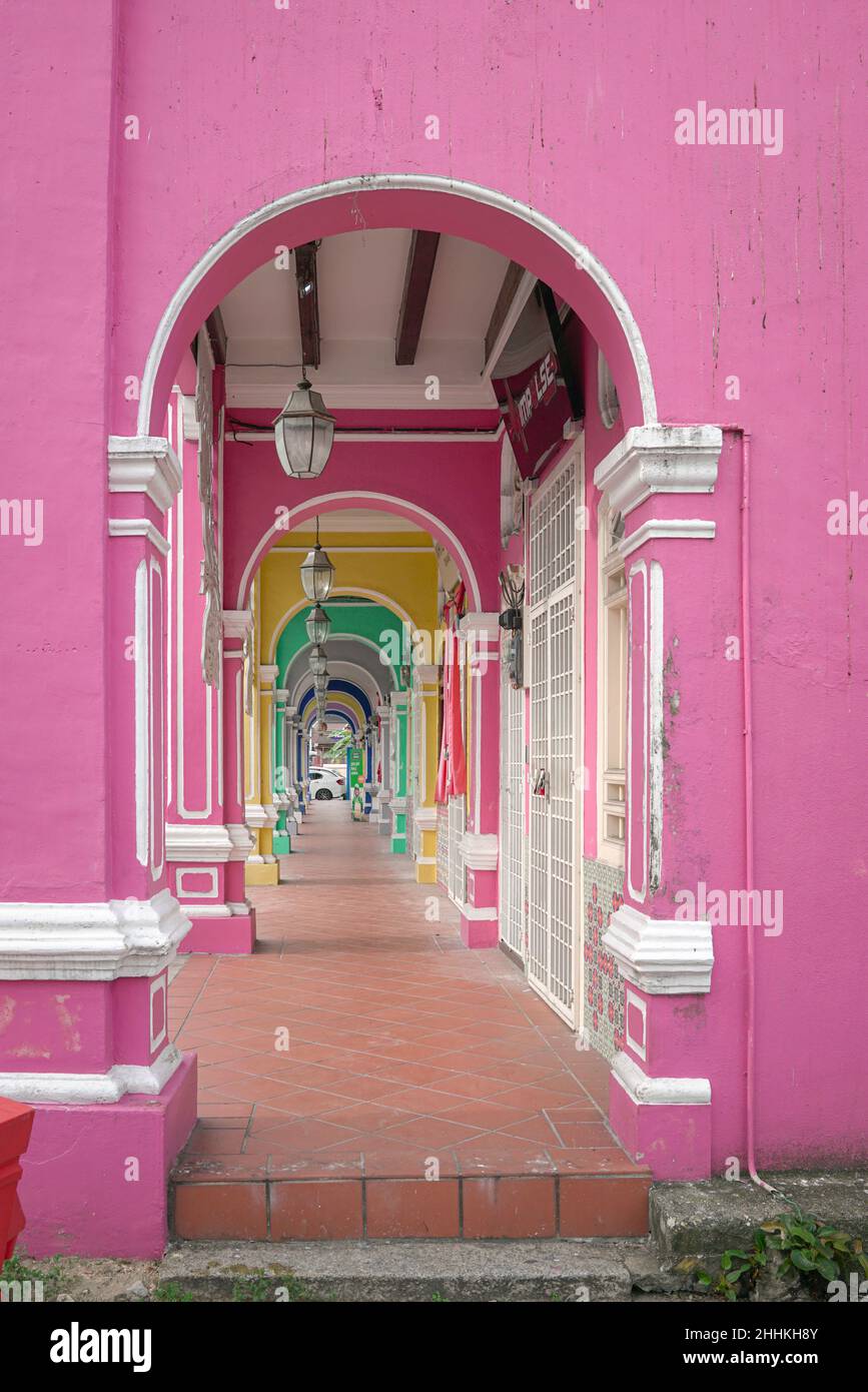 Town, Penang, Malaysia Jan 3rd 2022 Beautiful and colorful arches of heritage houses