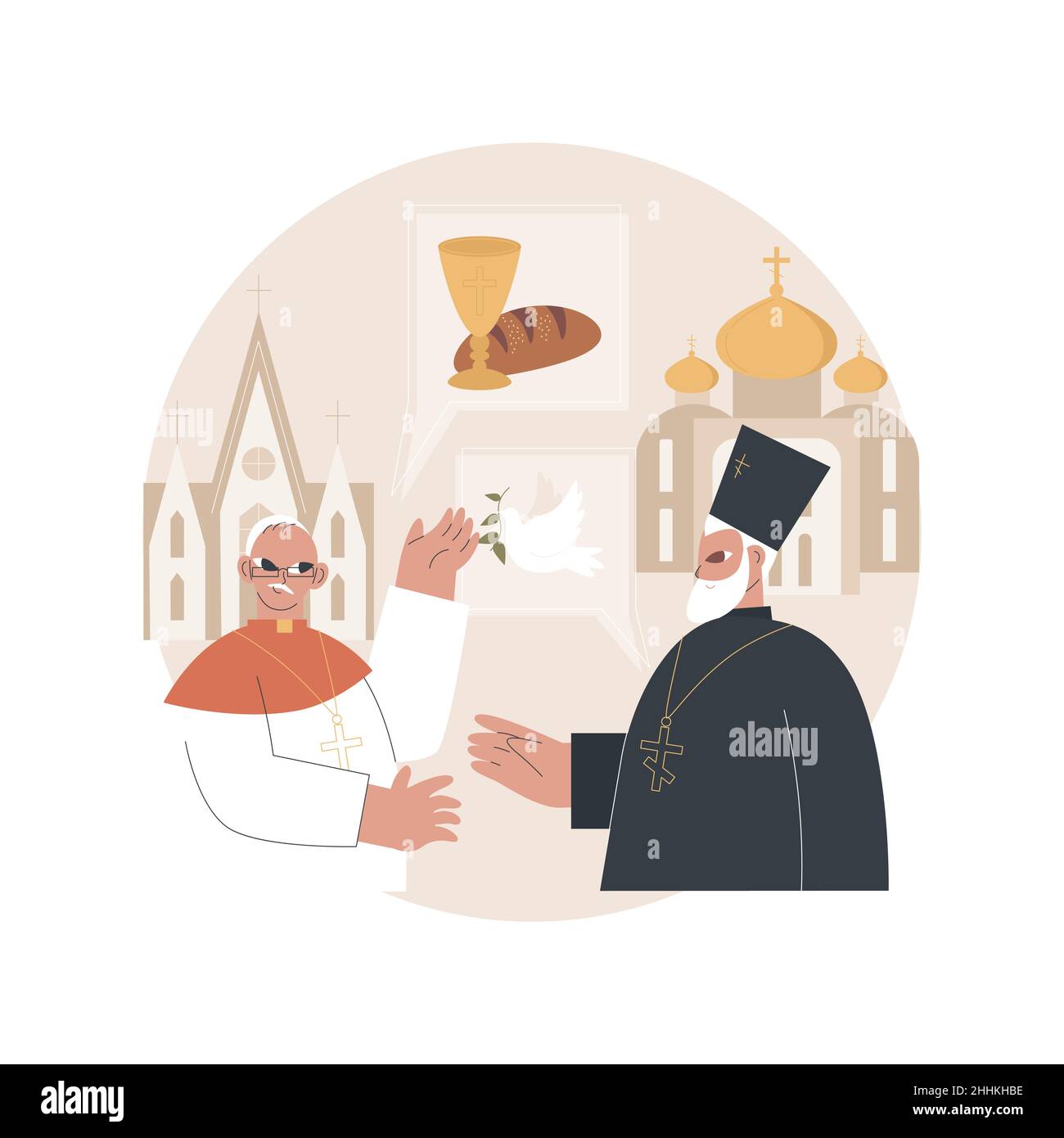 Interreligious dialogue abstract concept vector illustration. Different traditions, religious symbol, members interaction, orthodox church, handshake, christian pope, conference abstract metaphor. Stock Vector