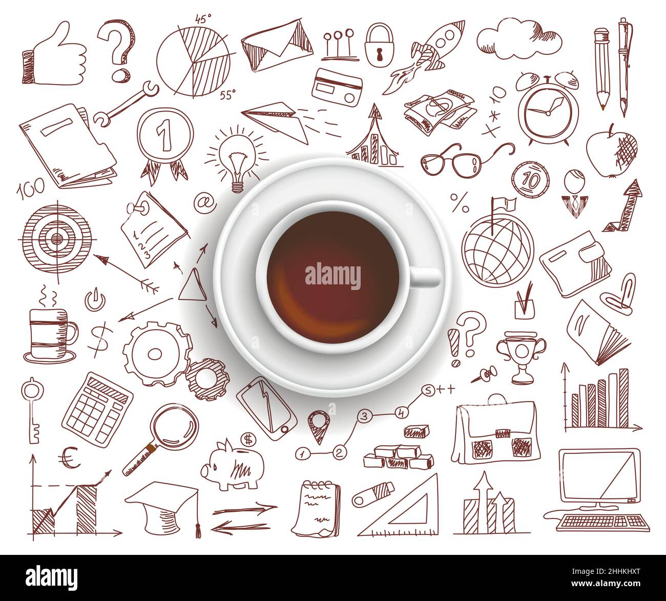 Hand drawn design vector illustration, Coffee cup with set of business icons in doodle style, for graphic and web design Stock Vector