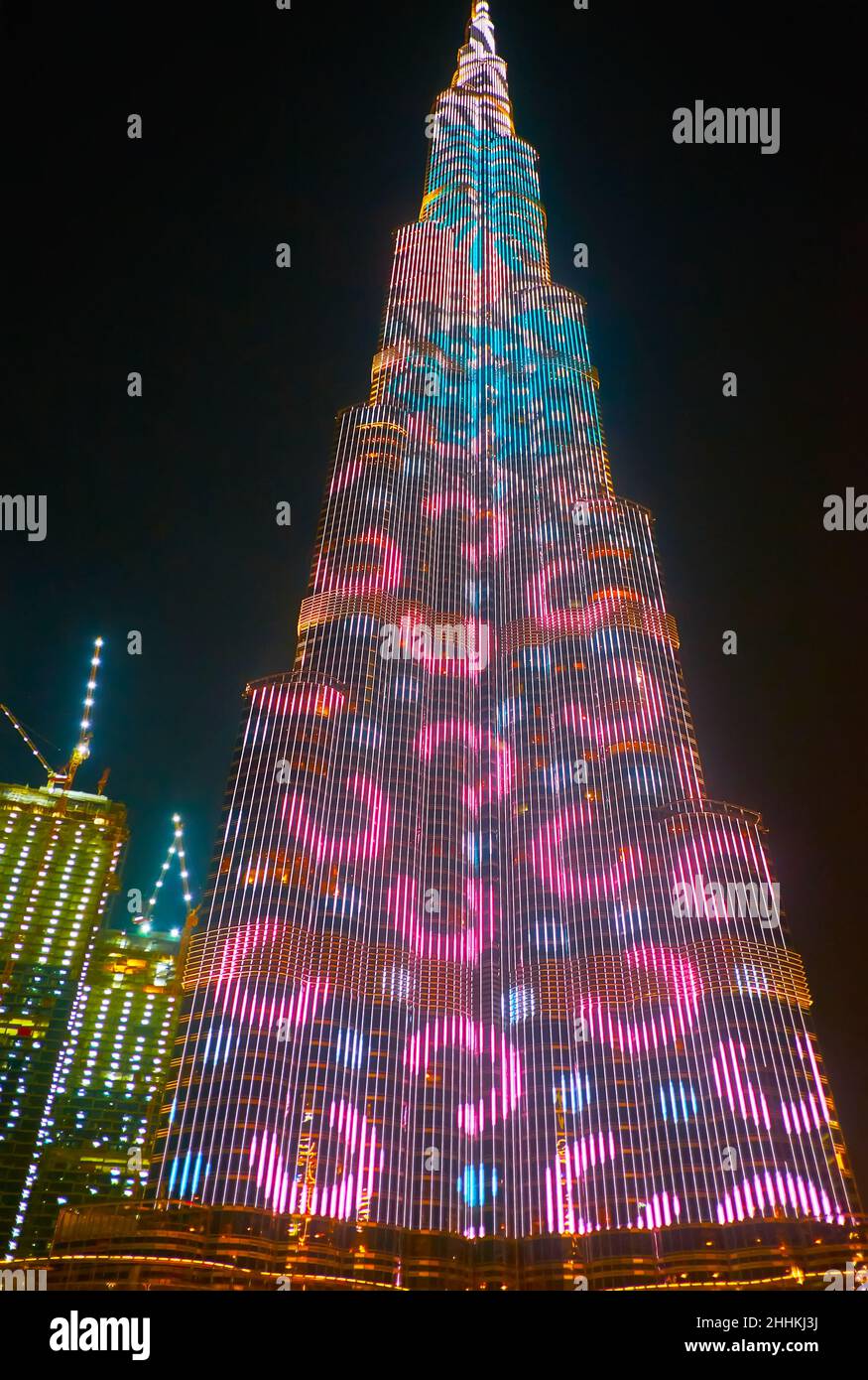 DUBAI, UAE MARCH 7, 2020 LED lighting show of Burj Khalifa