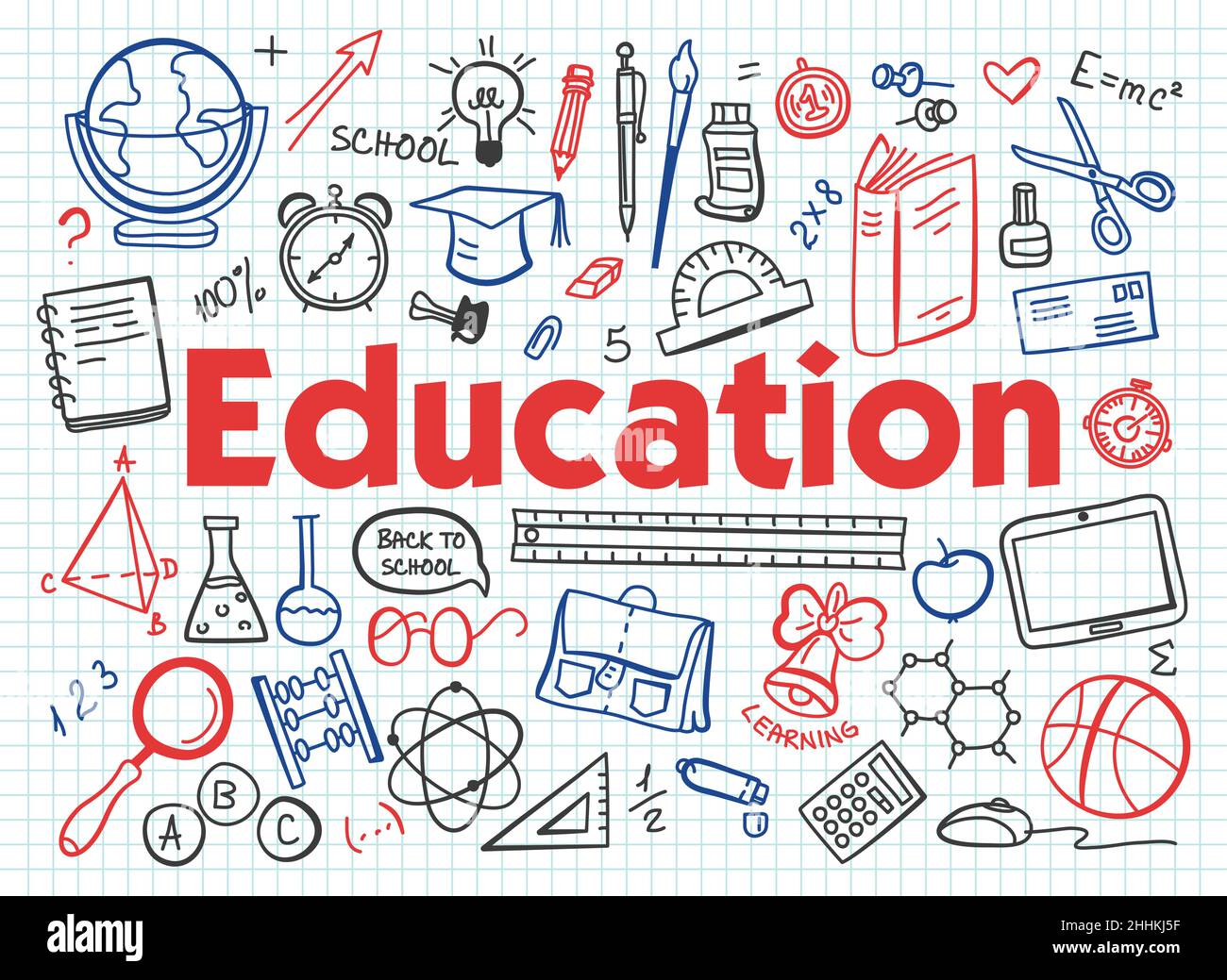 Hand drawn design vector illustration, set of education, education process, learning in educational institution and items of study equipment in doodle Stock Vector