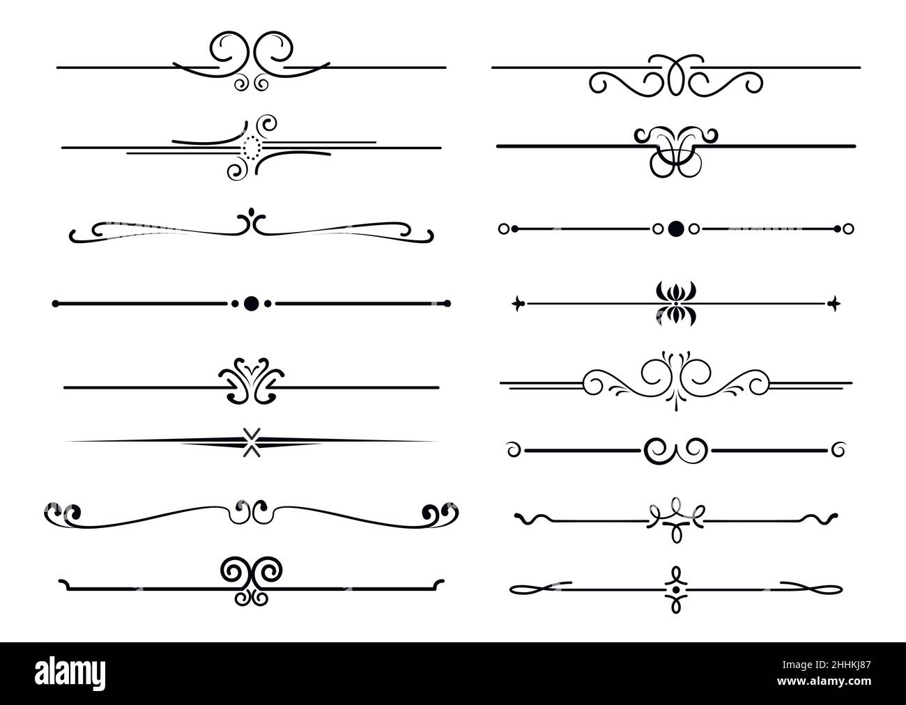 Set of ornamental filigree flourishes and thin dividers. Classical vintage elements, vector illustration Stock Vector