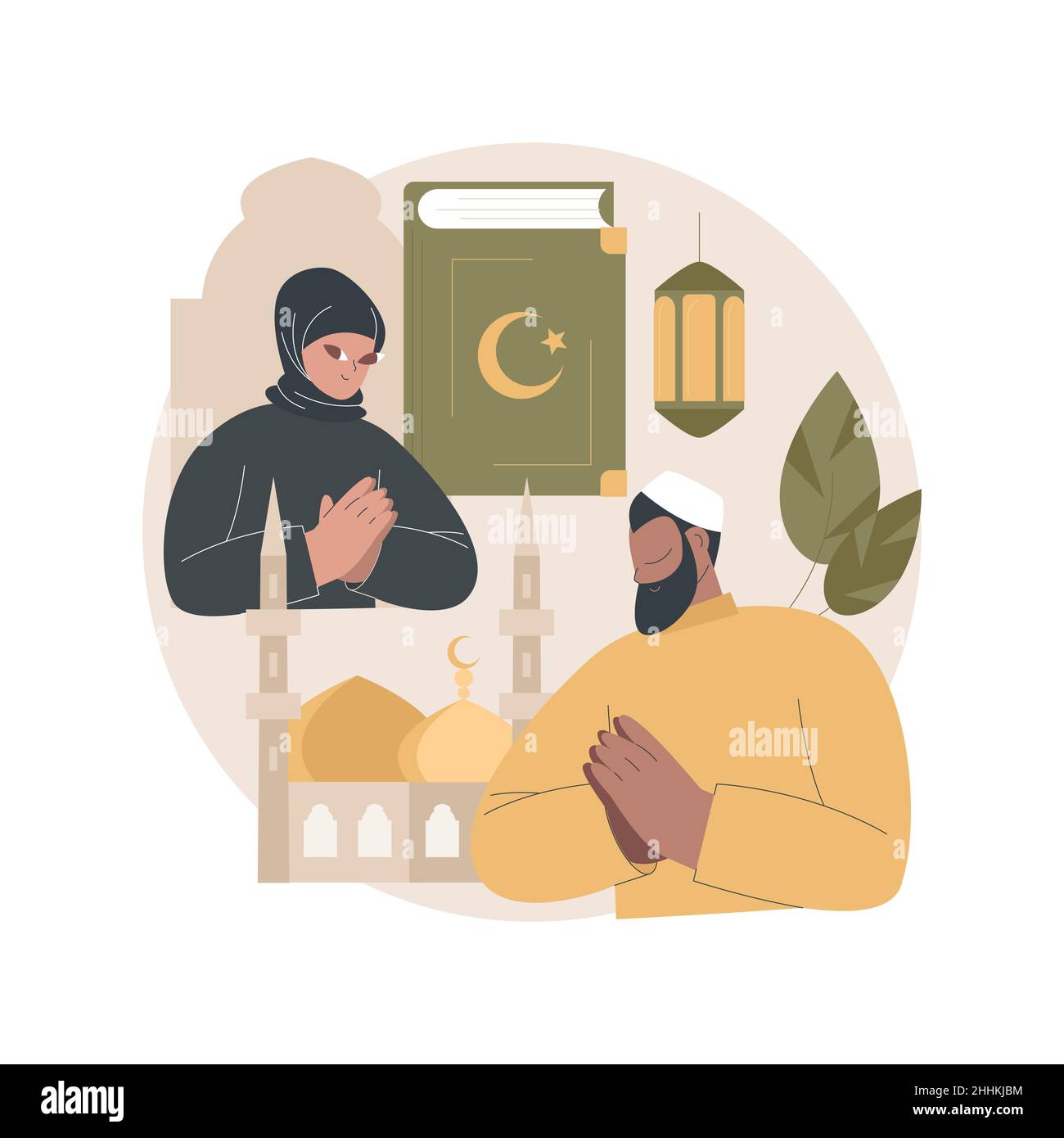 Islam abstract concept vector illustration. Abrahamic monotheistic religion, prophet muhammad, muslim people prays, mosque, ramadan mubarak, ramazan, holy book quran, god allah abstract metaphor. Stock Vector