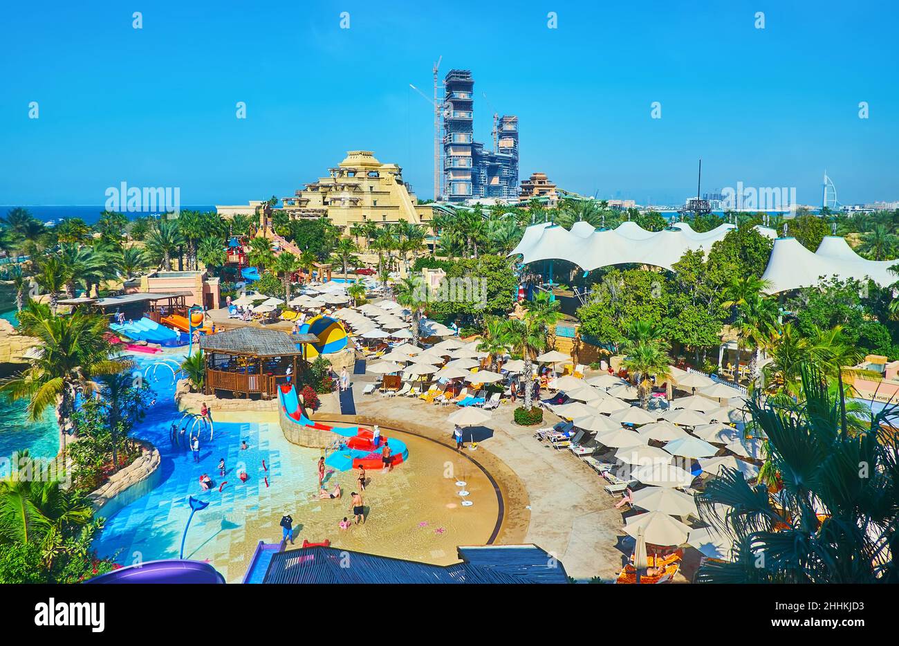 DUBAI, UAE MARCH 7, 2020 The pools, beach, sunshades, garden and slides of Aquaventure