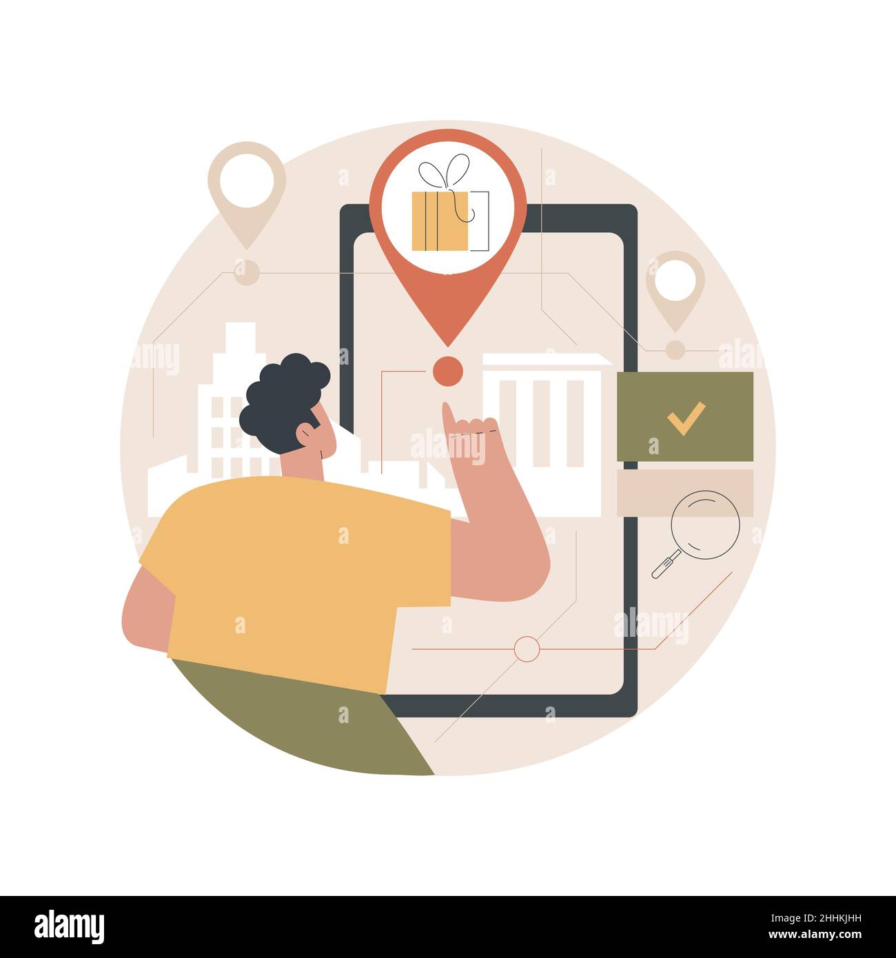 Interactive city quest abstract concept vector illustration. Urban games organization, tourist adventure, city walking, smartphone application, sightseeing tour, urban park abstract metaphor. Stock Vector