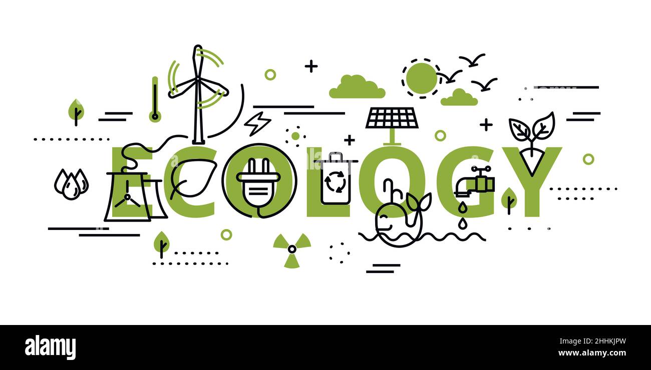 Modern flat thin line design vector illustration, infographic concept of ecology problem, generation and saving green energy in greenery color, for gr Stock Vector