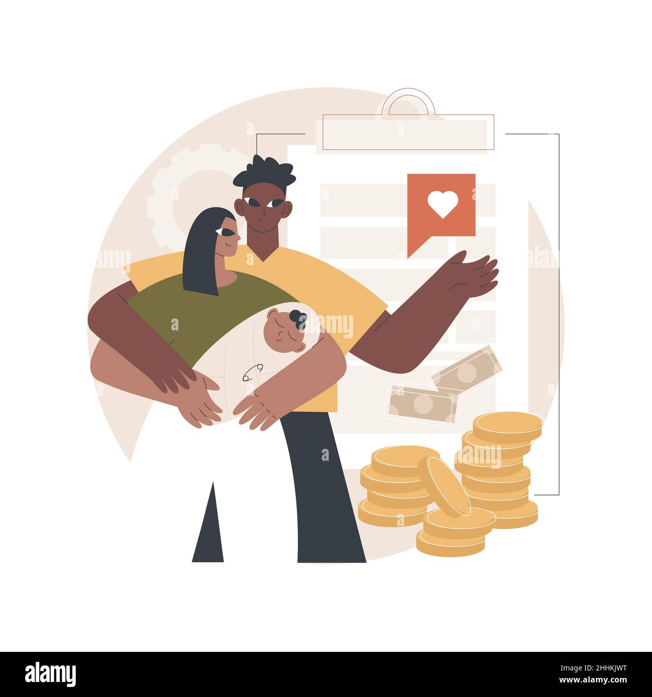 Child benefit abstract concept vector illustration. Dependent care costs, benefit plan, family income, budget planning, working parents support, social wealth, money in cash abstract metaphor. Stock Vector