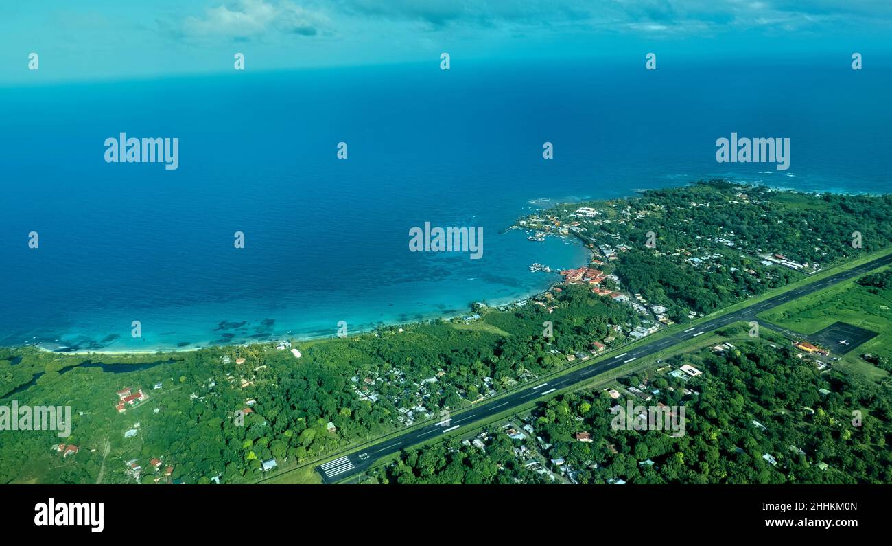 Aerial view of South West Bay and airport on Big Corn Island, Nicaragua