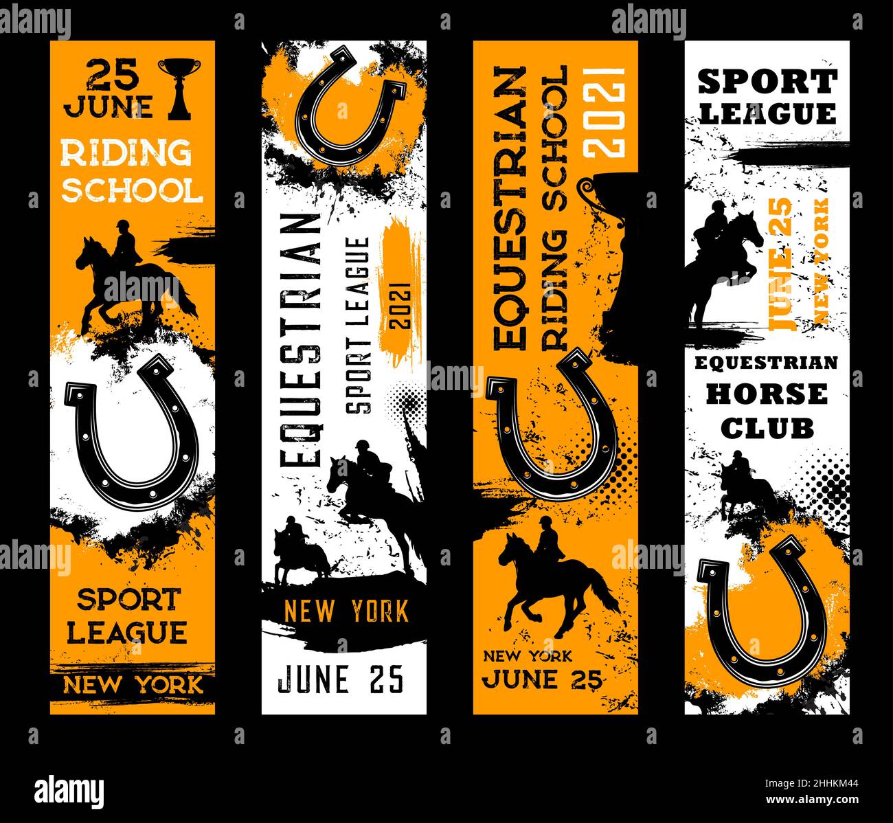 Equestrian sport banners. Horse riding and racing, horseshoes and polo