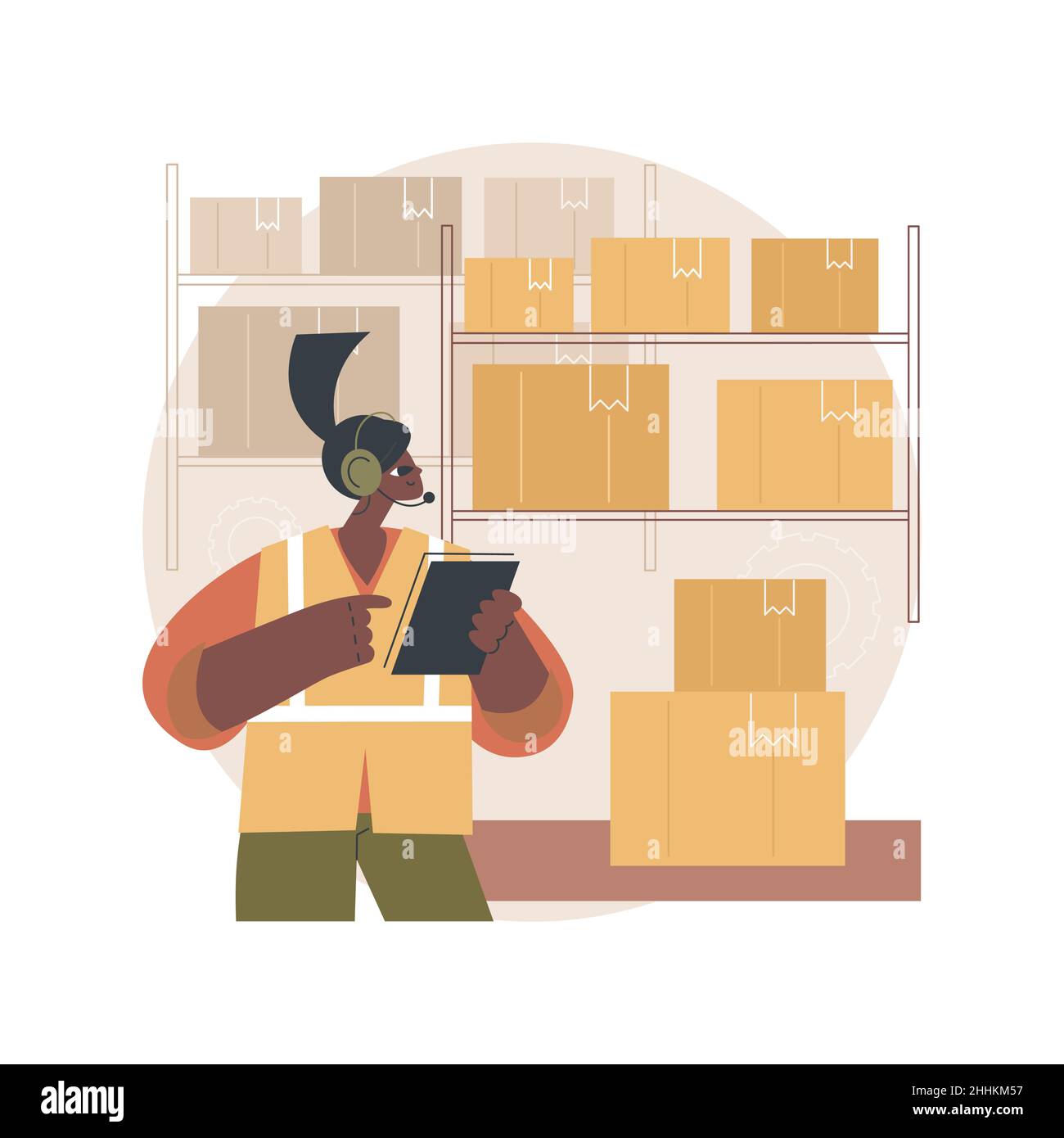 Warehouse voice tasking abstract concept vector illustration. Voice picking, speech-based warehousing, hands-free and eyes-free system, accurate automated paperless operations abstract metaphor. Stock Vector
