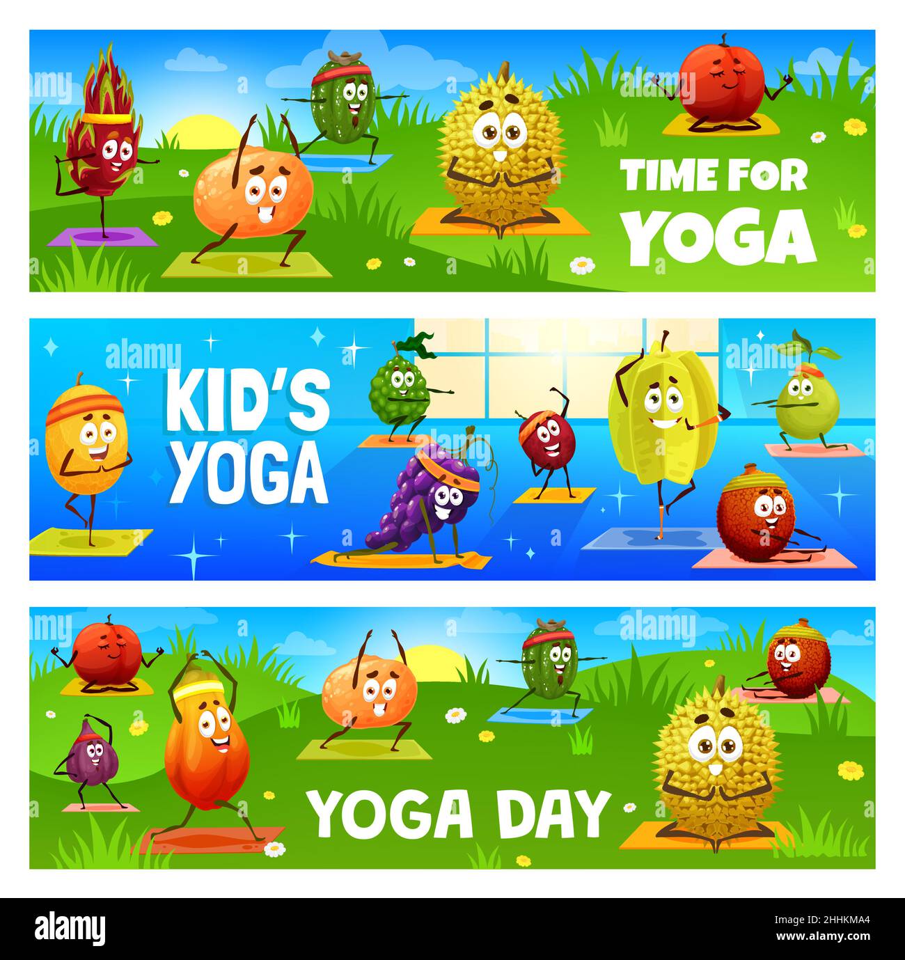 Kids yoga day and pilates fitness banners with cartoon tropical fruits ...