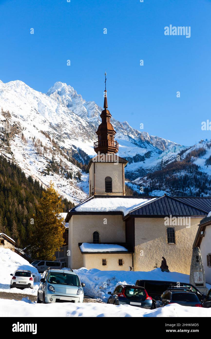 Snowy winter in Argentiere Chamonix Mont Blanc, mountain ski resort in Alps Stock Photo