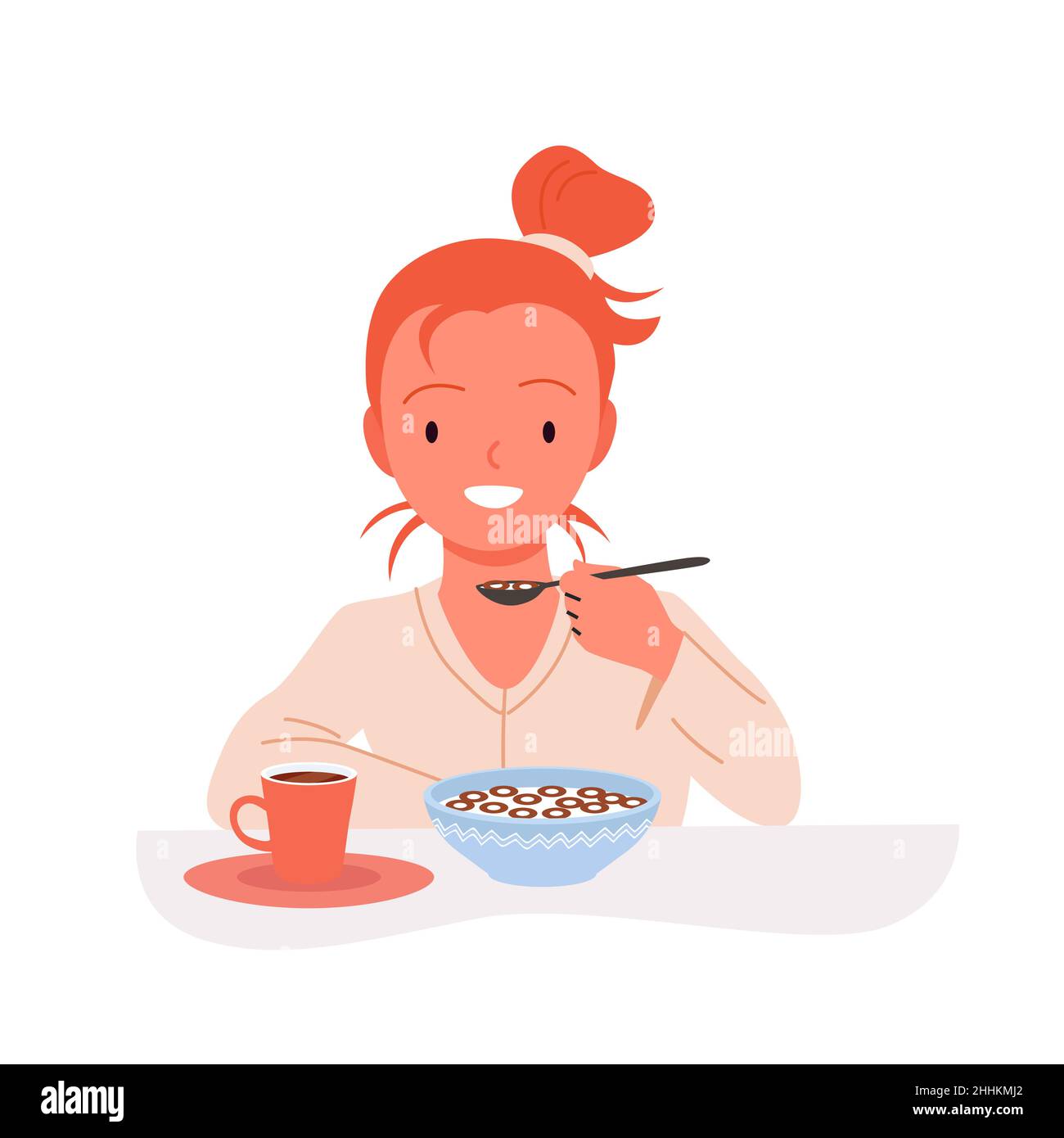 Girl eating crunchy corn flakes or sweet granola with milk, cute kid